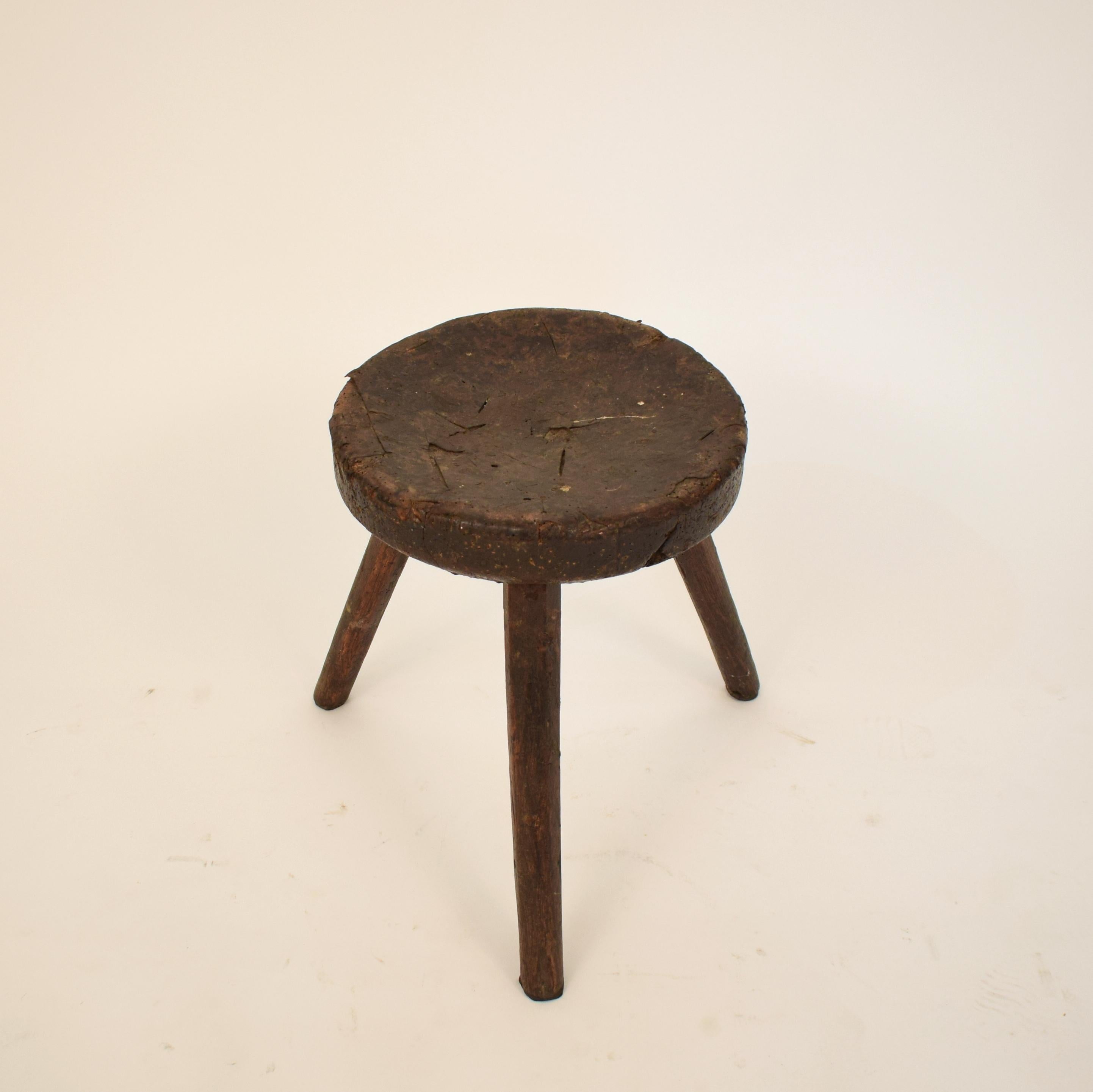 Victorian Late 19th Century Primitive Elm Country Splayed Leg Wood Stool