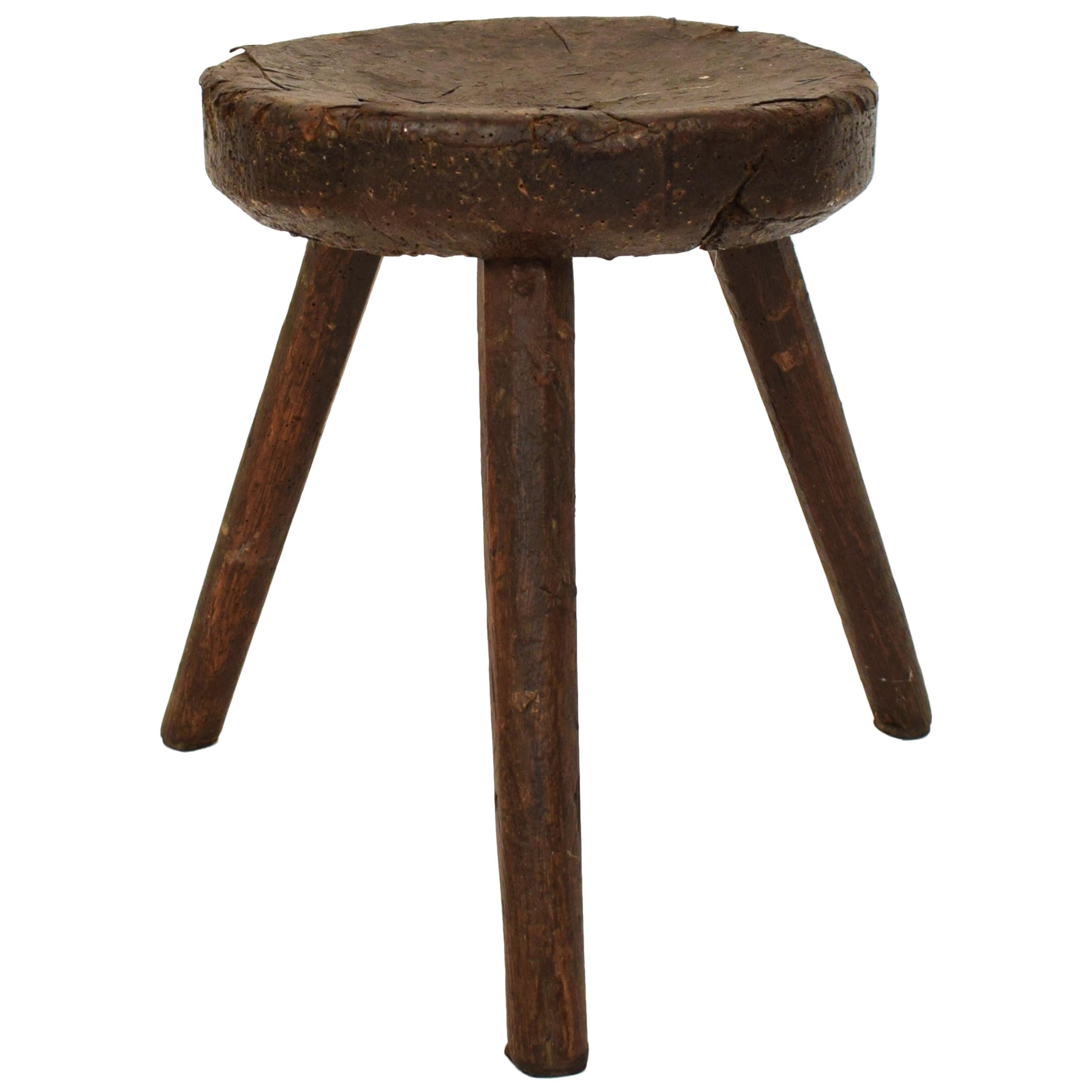 Late 19th Century Primitive Elm Country Splayed Leg Wood Stool