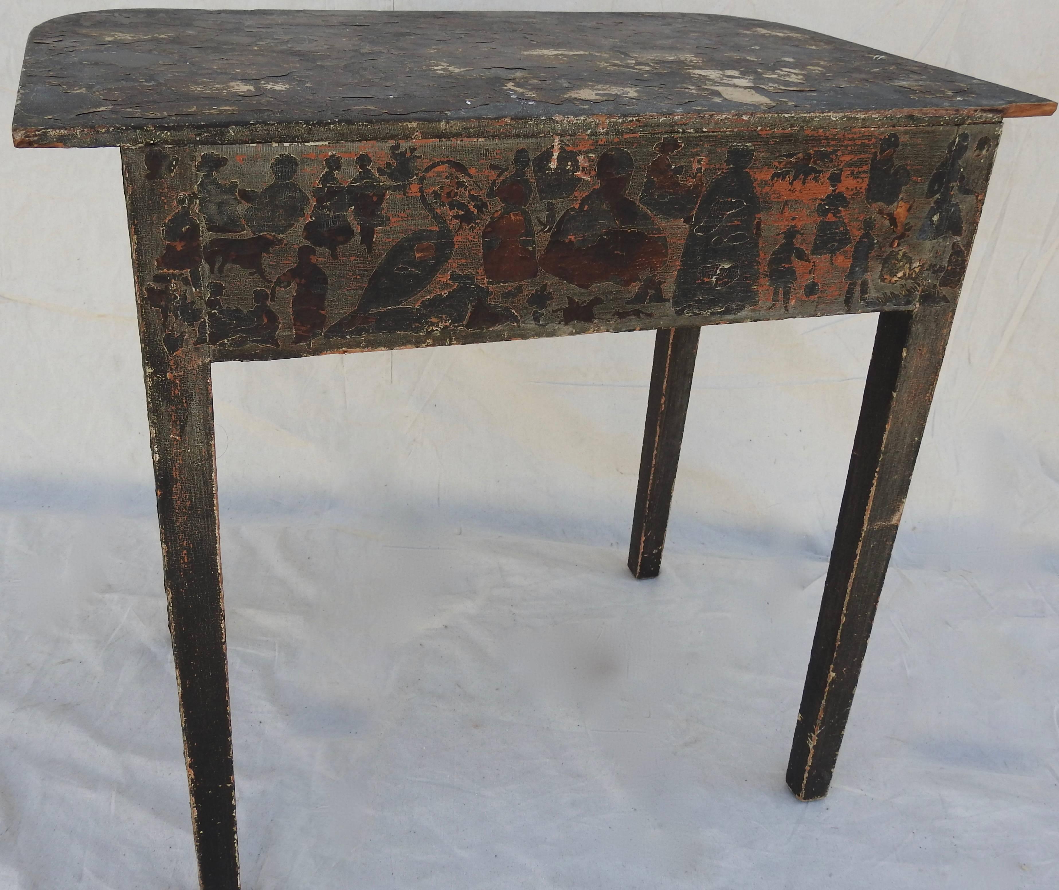 Primitive Folk Art Decoupage Work Table, 19th Century 10