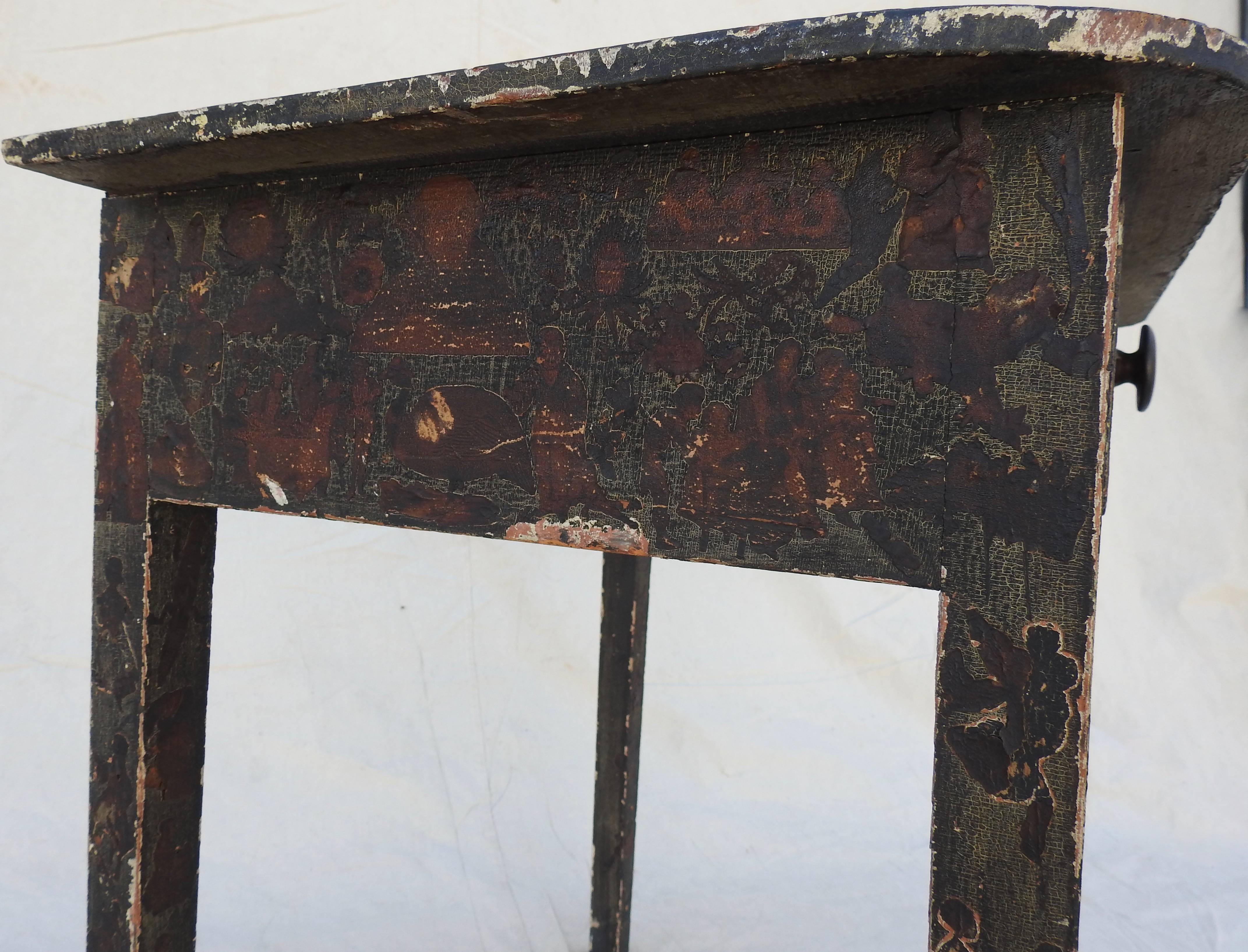 Primitive Folk Art Decoupage Work Table, 19th Century In Distressed Condition In Cookeville, TN