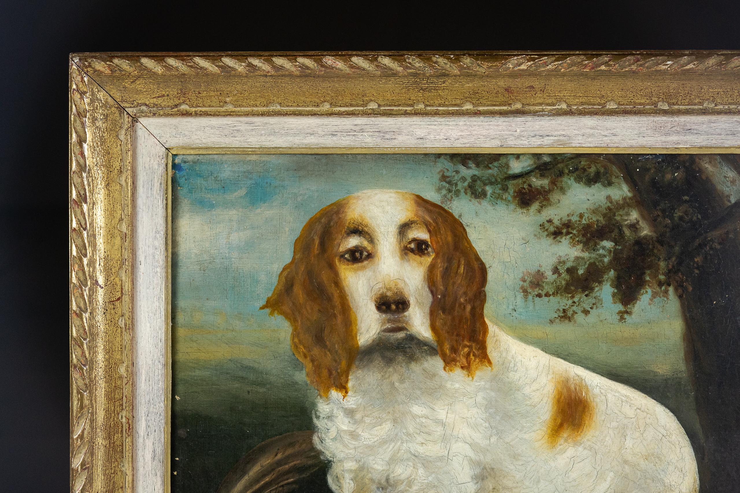 Late 19th Century primitive oil on canvas portrait of a Clumber Spaniel 