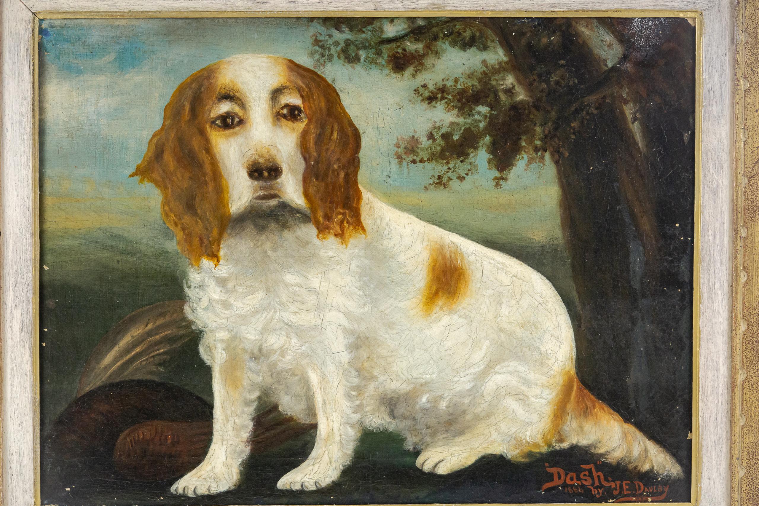 Primitives Ölgemälde auf Leinwand, Porträt von „Dash“ Clumber Spaniel, spätes 19. Jahrhundert im Angebot 3