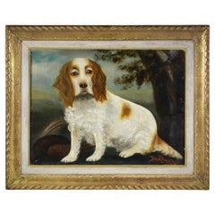 Antique Late 19th Century Primitive Oil on Canvas Portrait of "Dash" Clumber Spaniel