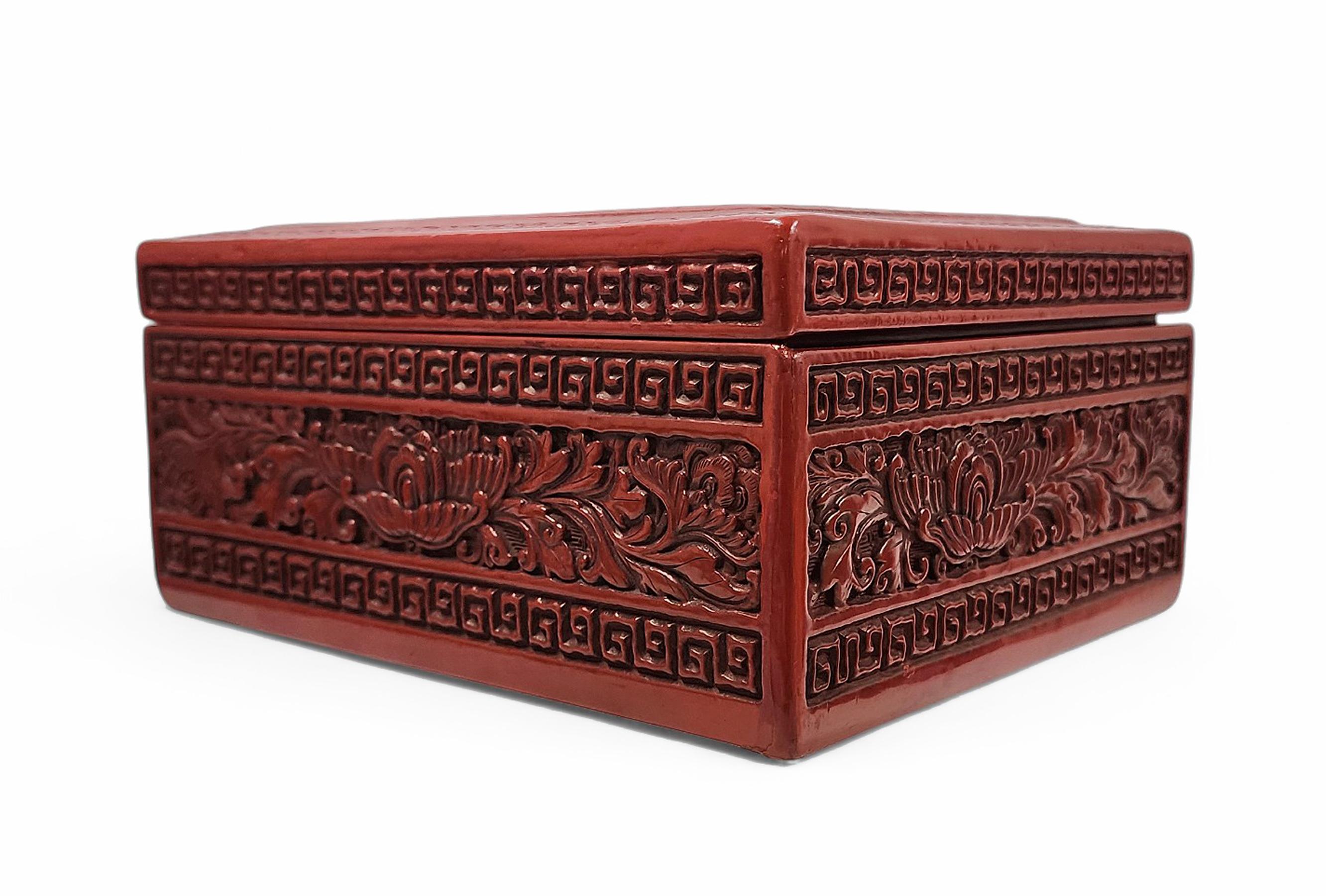 Late 19th Century Qing Carved Lacquer and Varnished Wood Decorative Box, China For Sale 1