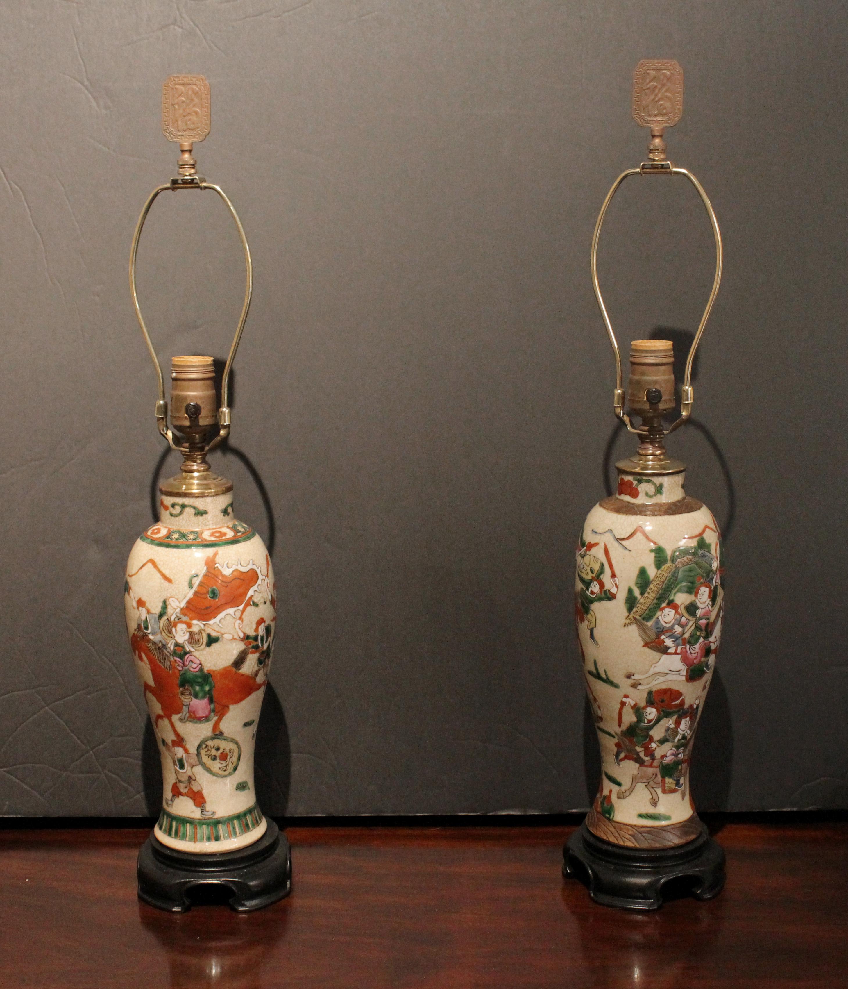 Late 19th century pair of Nanking crackle glaze vases converted to lamps, Chinese. Qing dynasty. Designer Otto Zenke mounted these as lamps for 