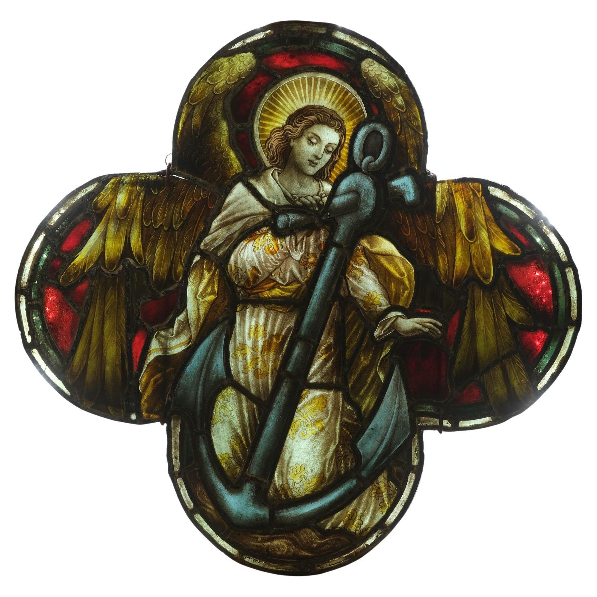 Late 19th Century Quatrefoil Stained Glass Angel With Anchor For Sale 5