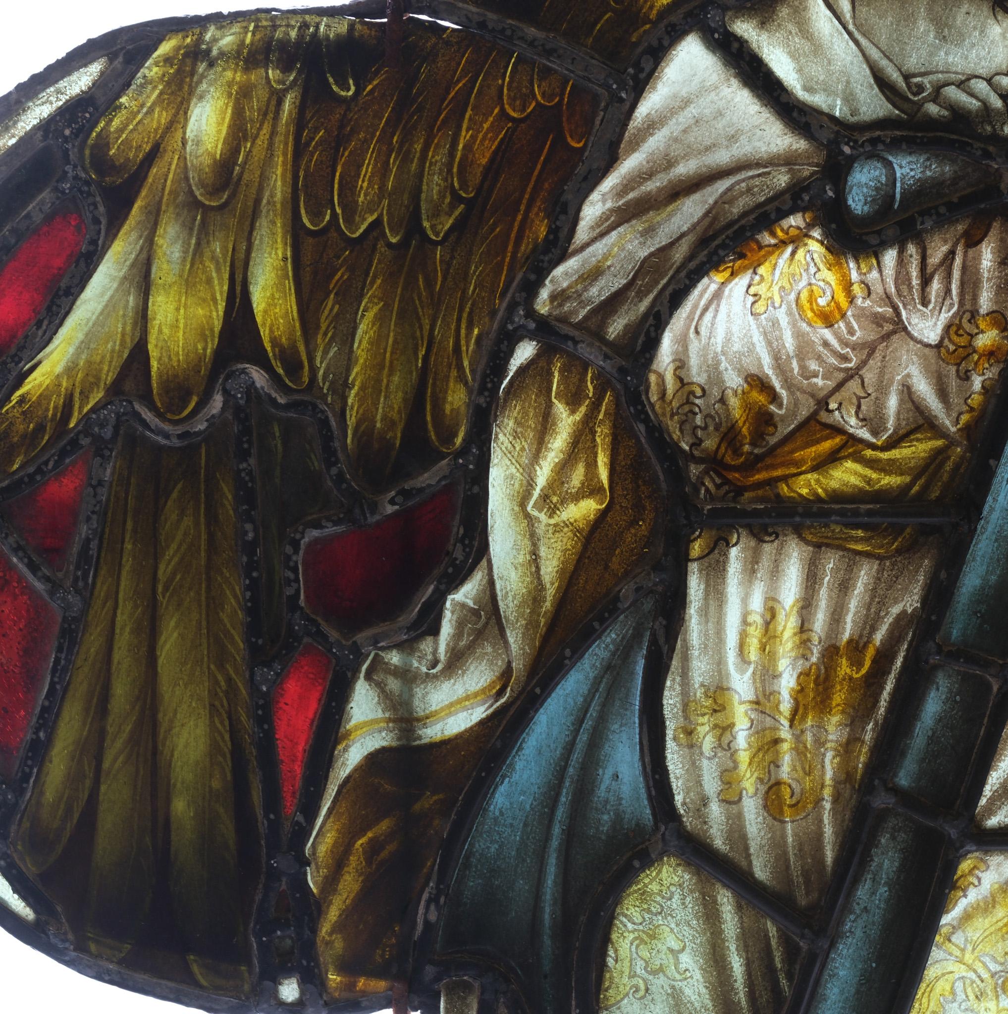 Hand-Crafted Late 19th Century Quatrefoil Stained Glass Angel With Anchor For Sale