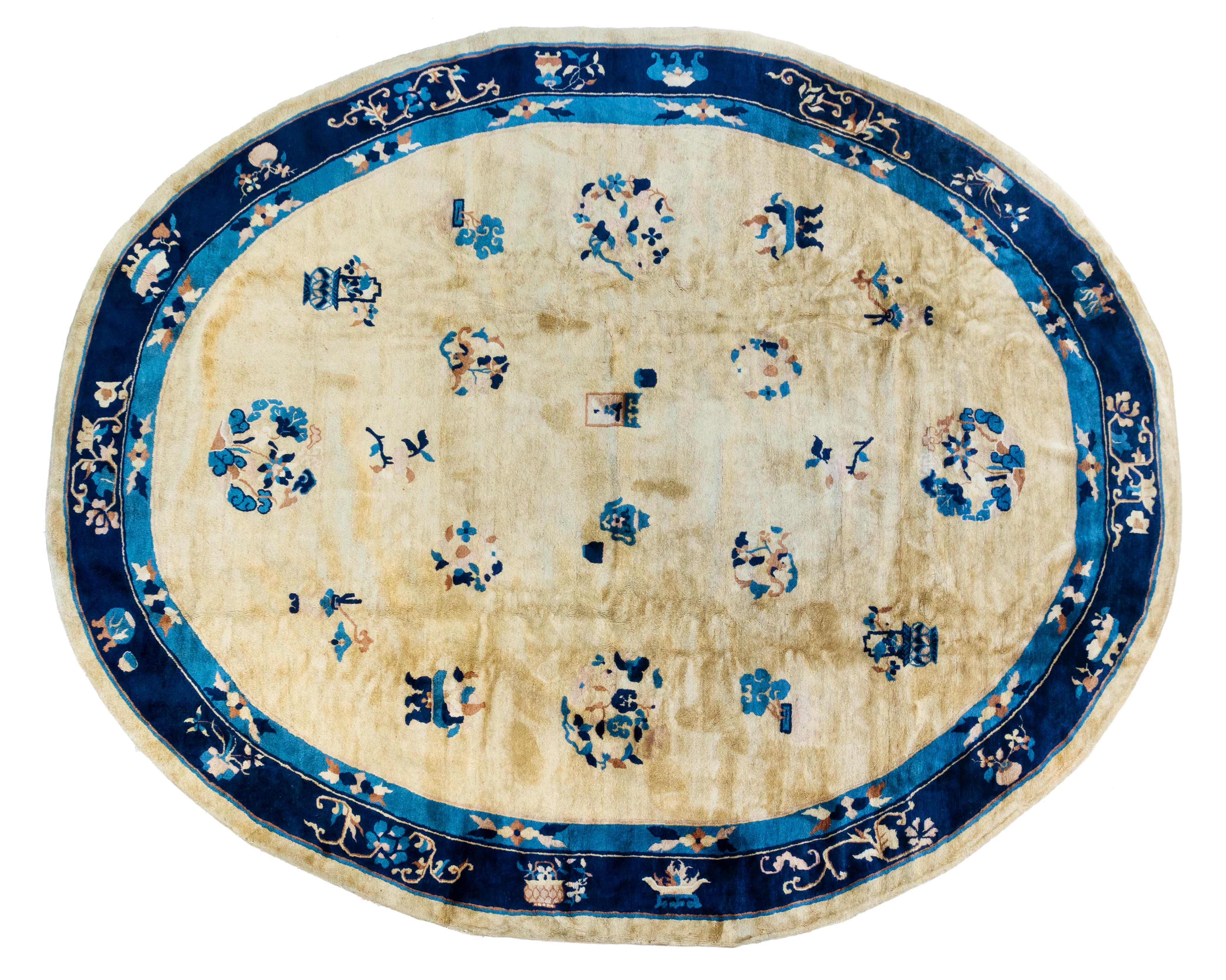 Art Deco Late 19th Century Rare Antique Gold Oval Peking Chinese Area Rug  For Sale