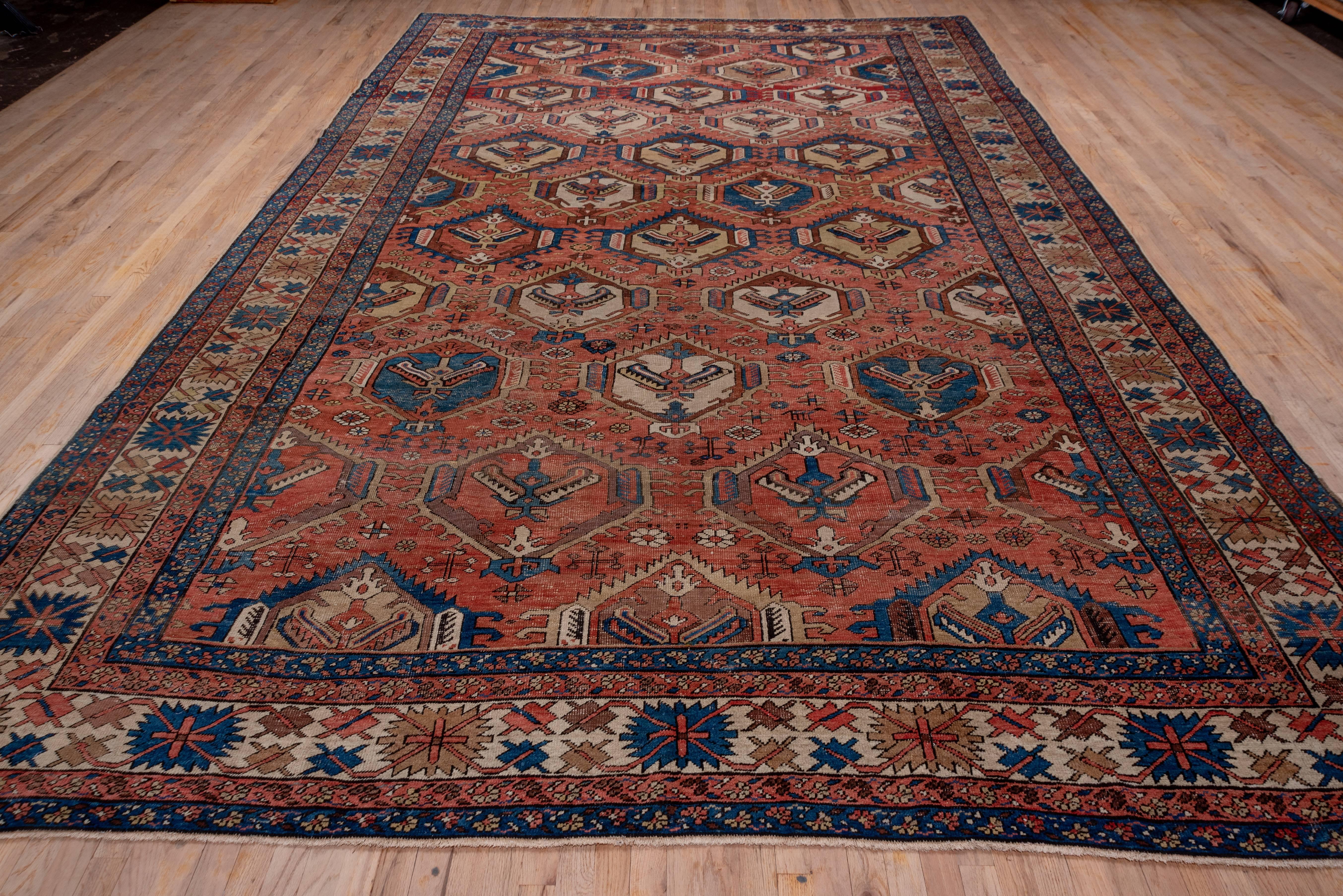 The Serapi grade is a better quality Heriz area carpet. This attractive example has a terracotta field displaying half drop rows of serrated Karaja-style hexagonal medallions in tones of medium-dark blue, yellow-camel, ivory and dark brown. The