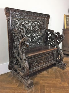 Late 19th Century Rare Chest Bench in Walnut Fully Carved with Openwork