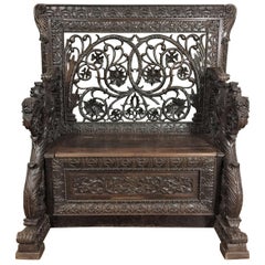 Late 19th Century Rare Chest Bench in Walnut Fully Carved with Openwork