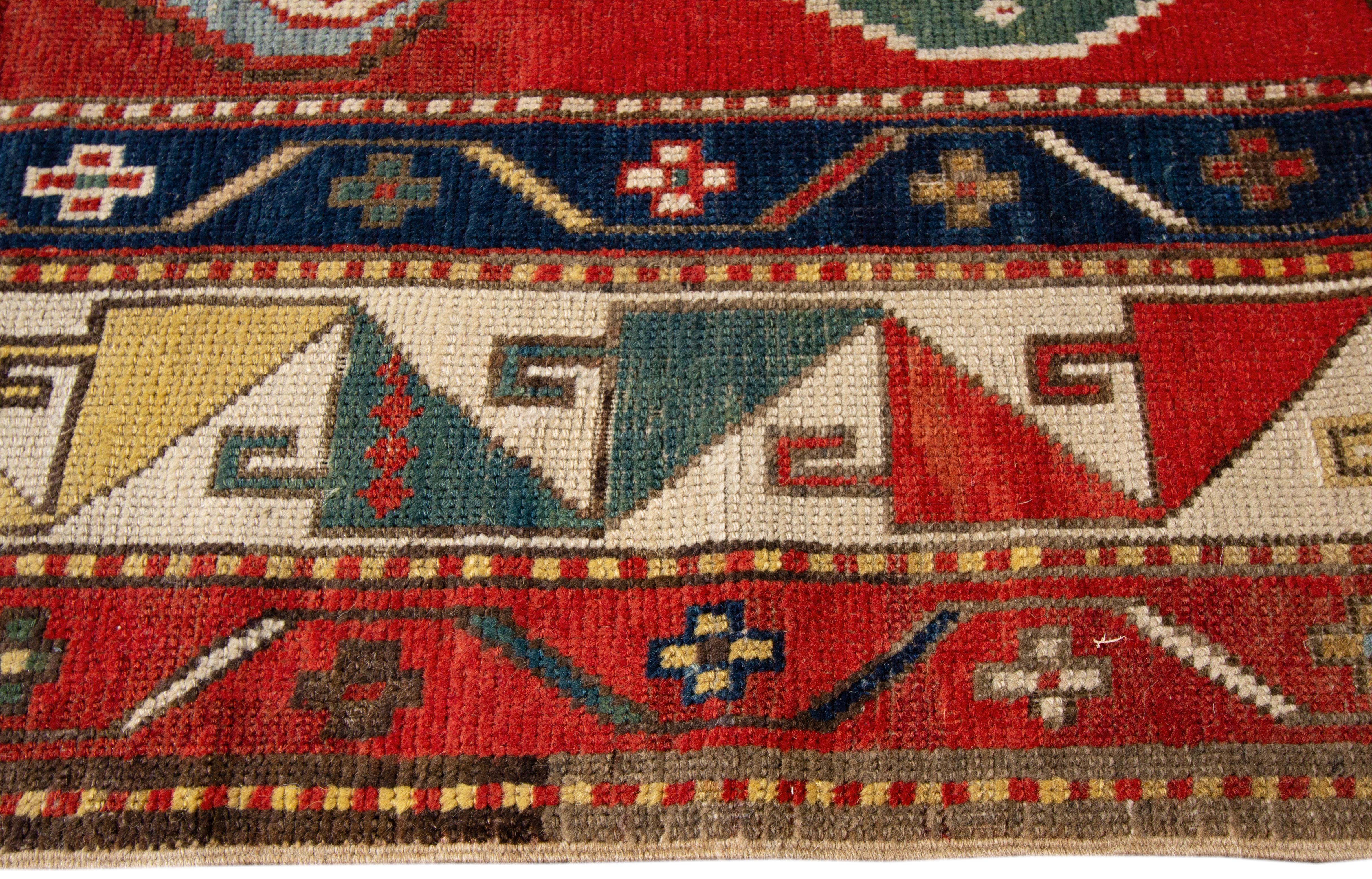 Hand-Knotted Late 19th Century Red, Blue Kazakh Rug For Sale