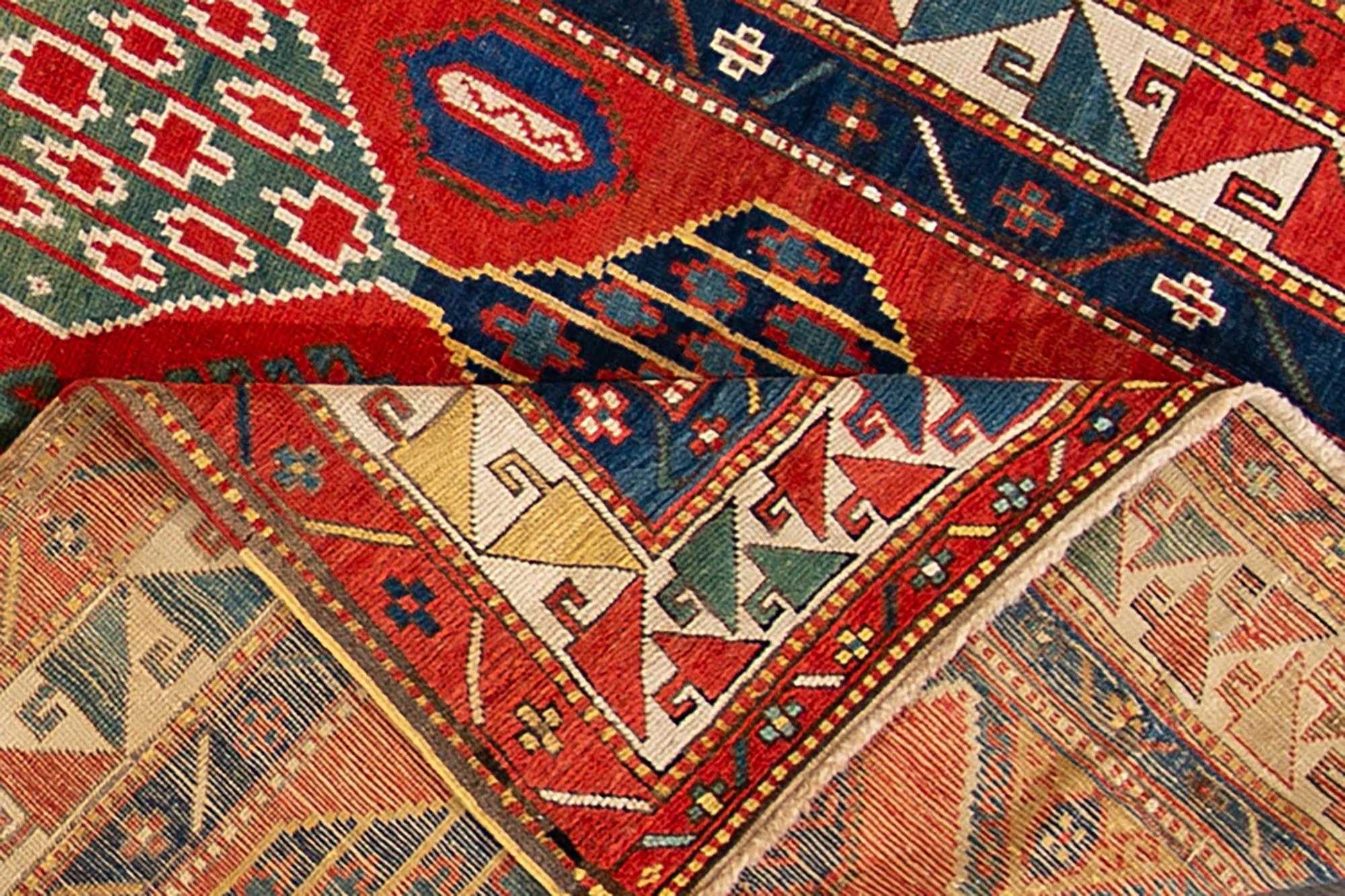 Wool Late 19th Century Red, Blue Kazakh Rug For Sale