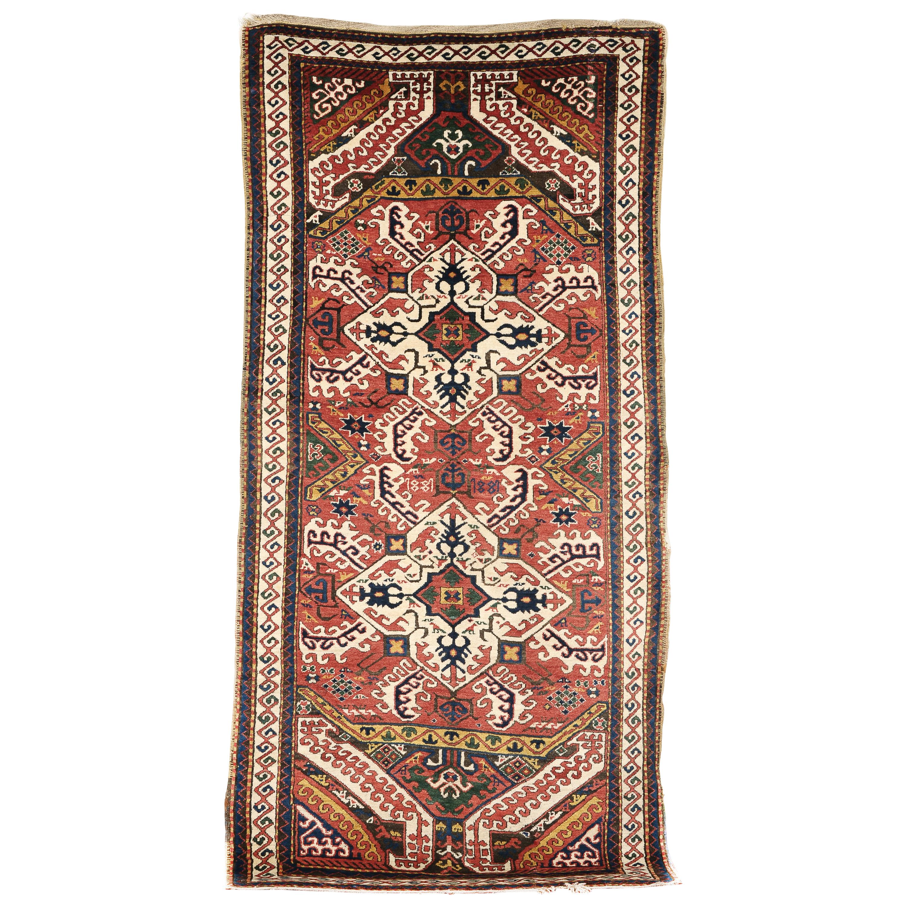 Late 19th Century, Red Field and Ivory Pattern, Wool Caucasian Eagle Kazak Rug For Sale