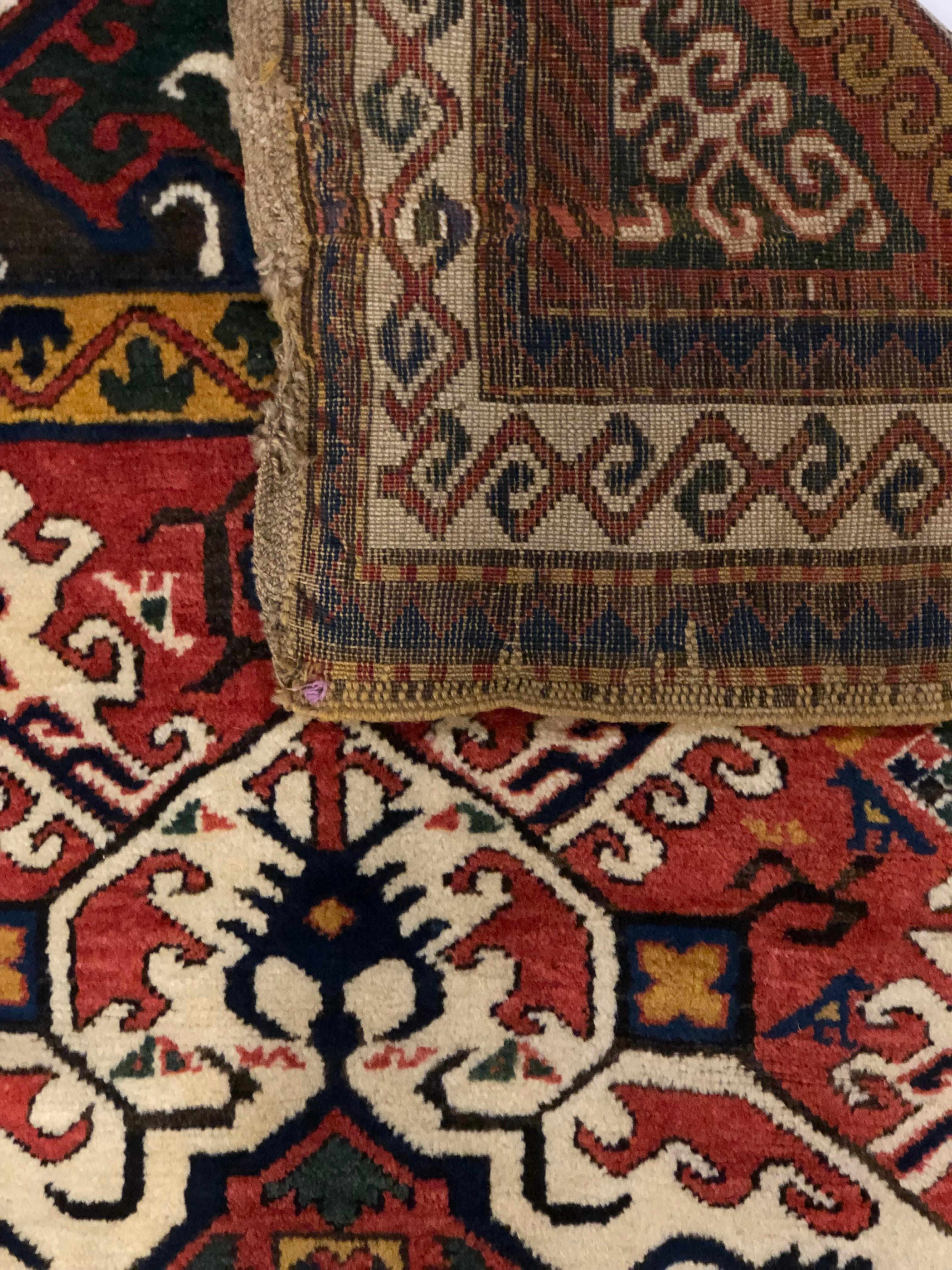 Hand-Knotted Late 19th Century, Red Field and Ivory Pattern, Wool Caucasian Eagle Kazak Rug For Sale