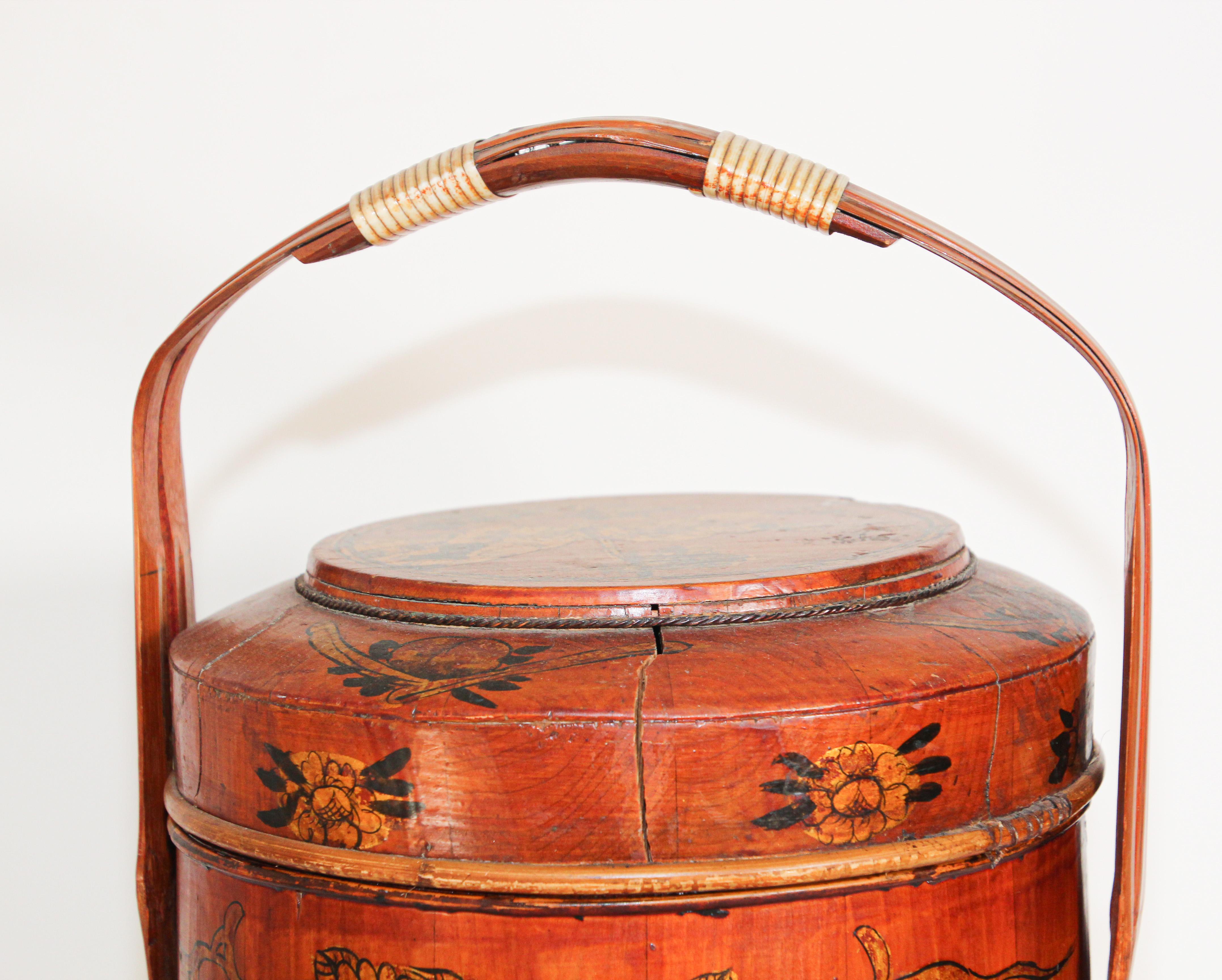 Late 19th century red lacquer Asian wedding Basket
Lidded two-tiered Chinese treen basket with bamboo and treen carrying handle. 
Decorative Chinese basket often known as a marriage basket. 
Wonderful food caddy basket with two compartments, hand