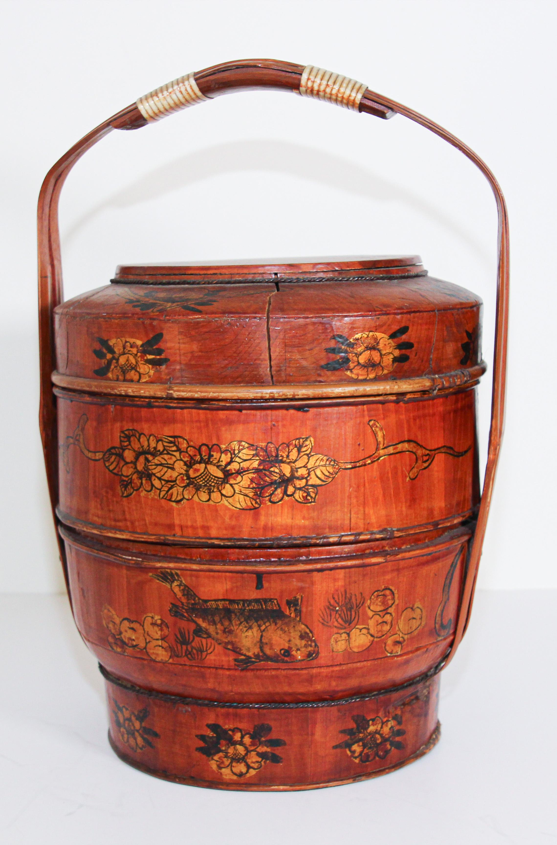 Hand-Crafted Late 19th Century Red Lacquer Chinese Picnic Basket