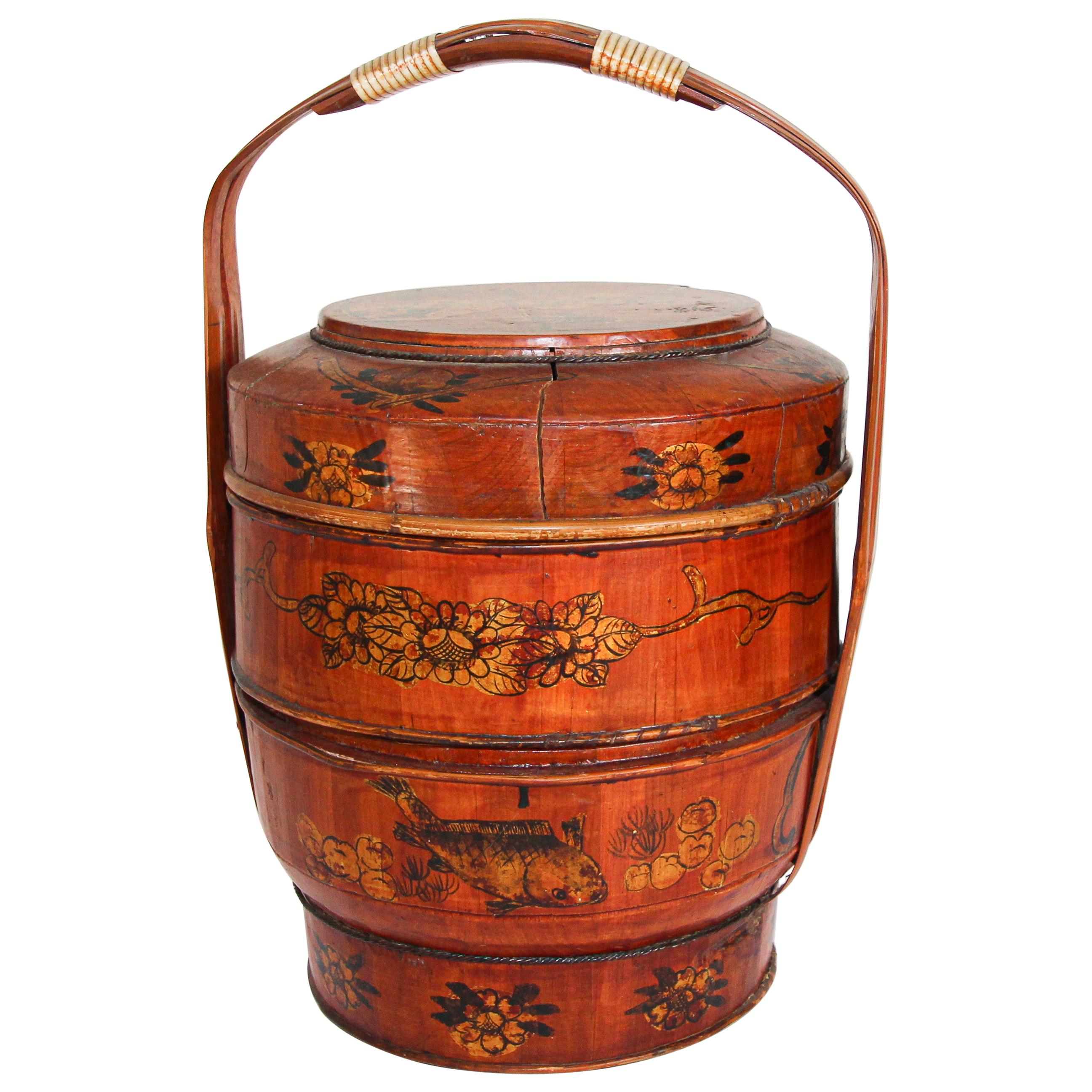 Late 19th Century Red Lacquer Chinese Picnic Basket
