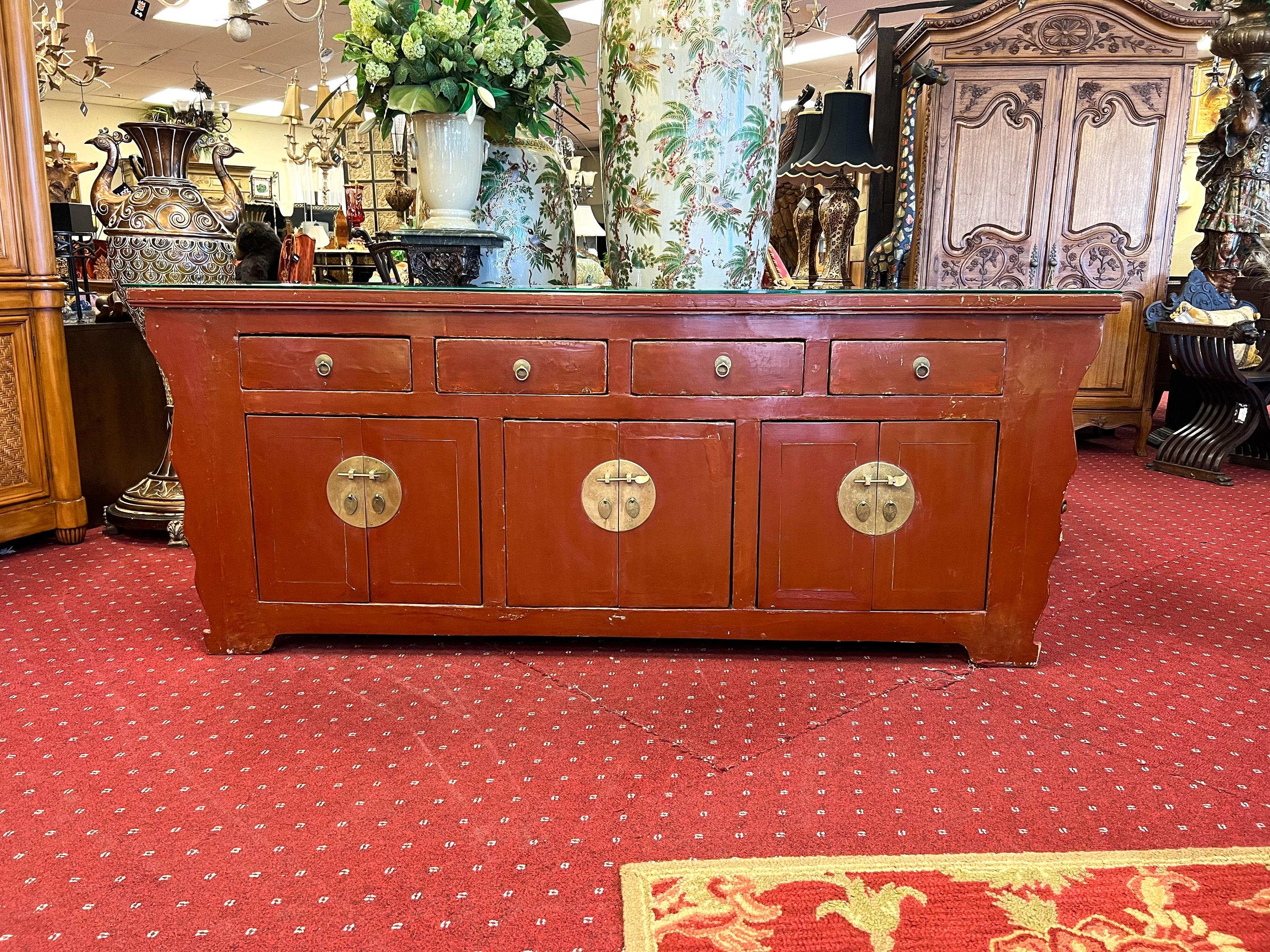 Brass Late 19th Century Red Lacquered Asian Style Credenza with Glass Top For Sale