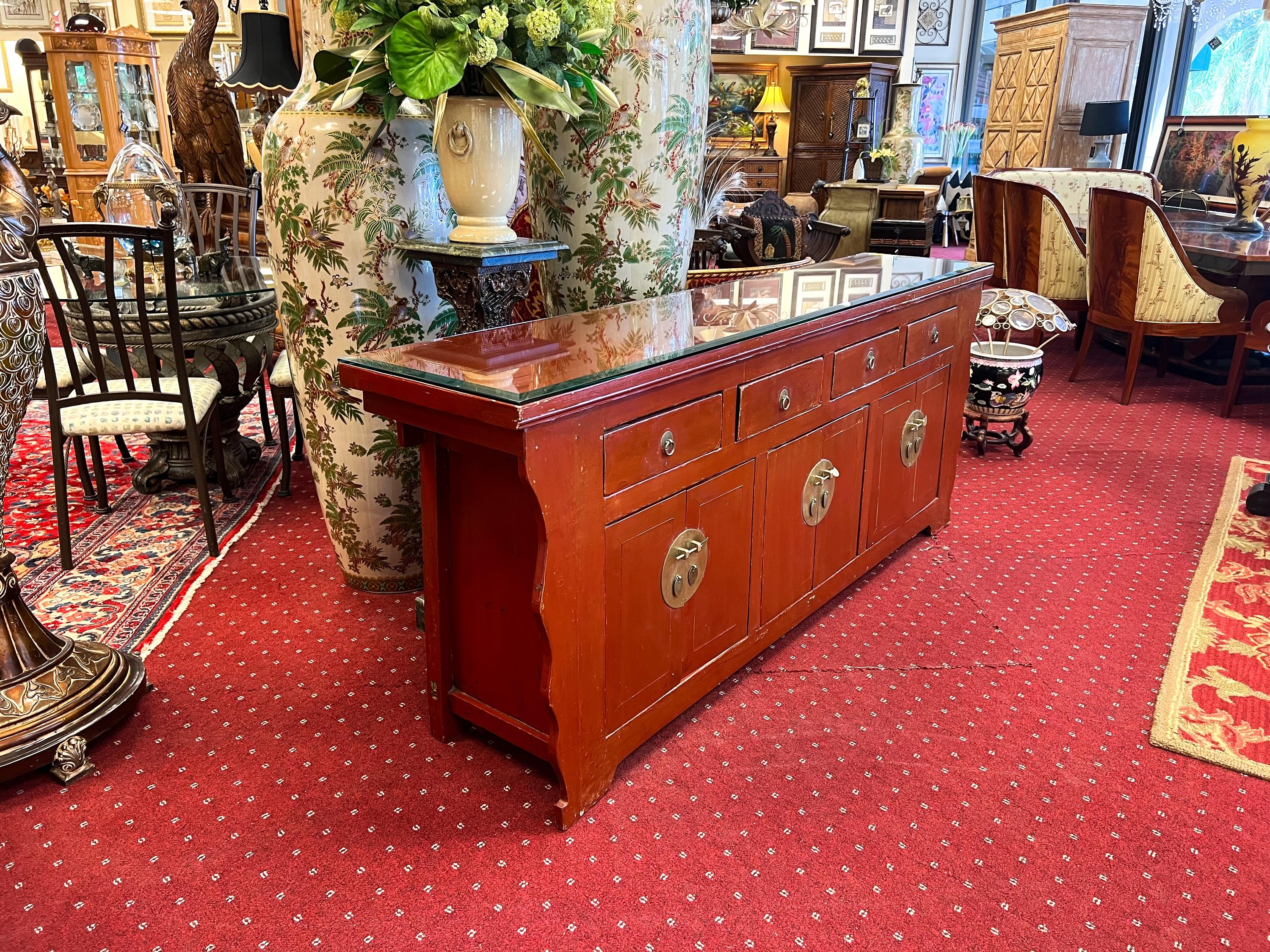 Late 19th Century Red Lacquered Asian Style Credenza with Glass Top For Sale 1