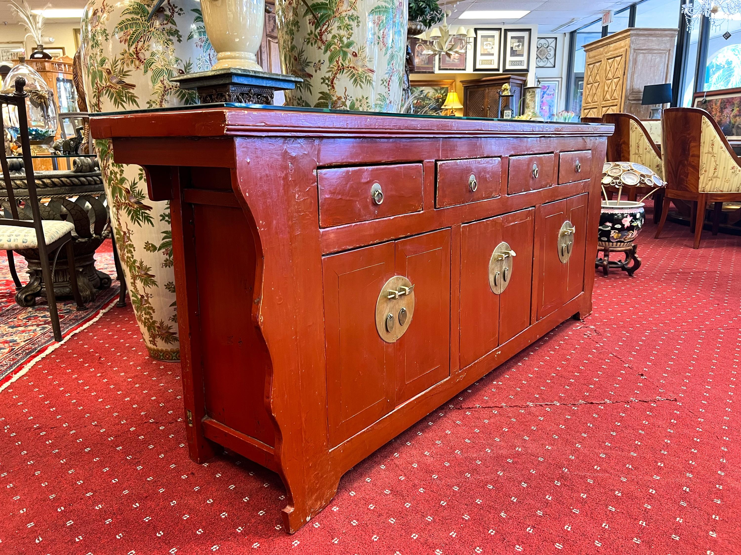 Late 19th Century Red Lacquered Asian Style Credenza with Glass Top For Sale 2