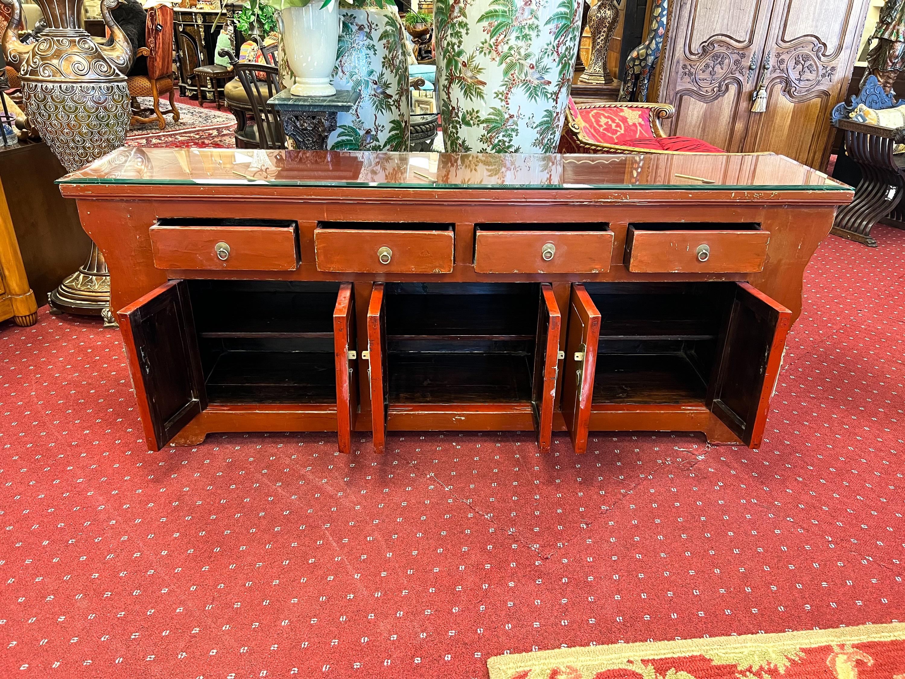 Late 19th Century Red Lacquered Asian Style Credenza with Glass Top For Sale 5