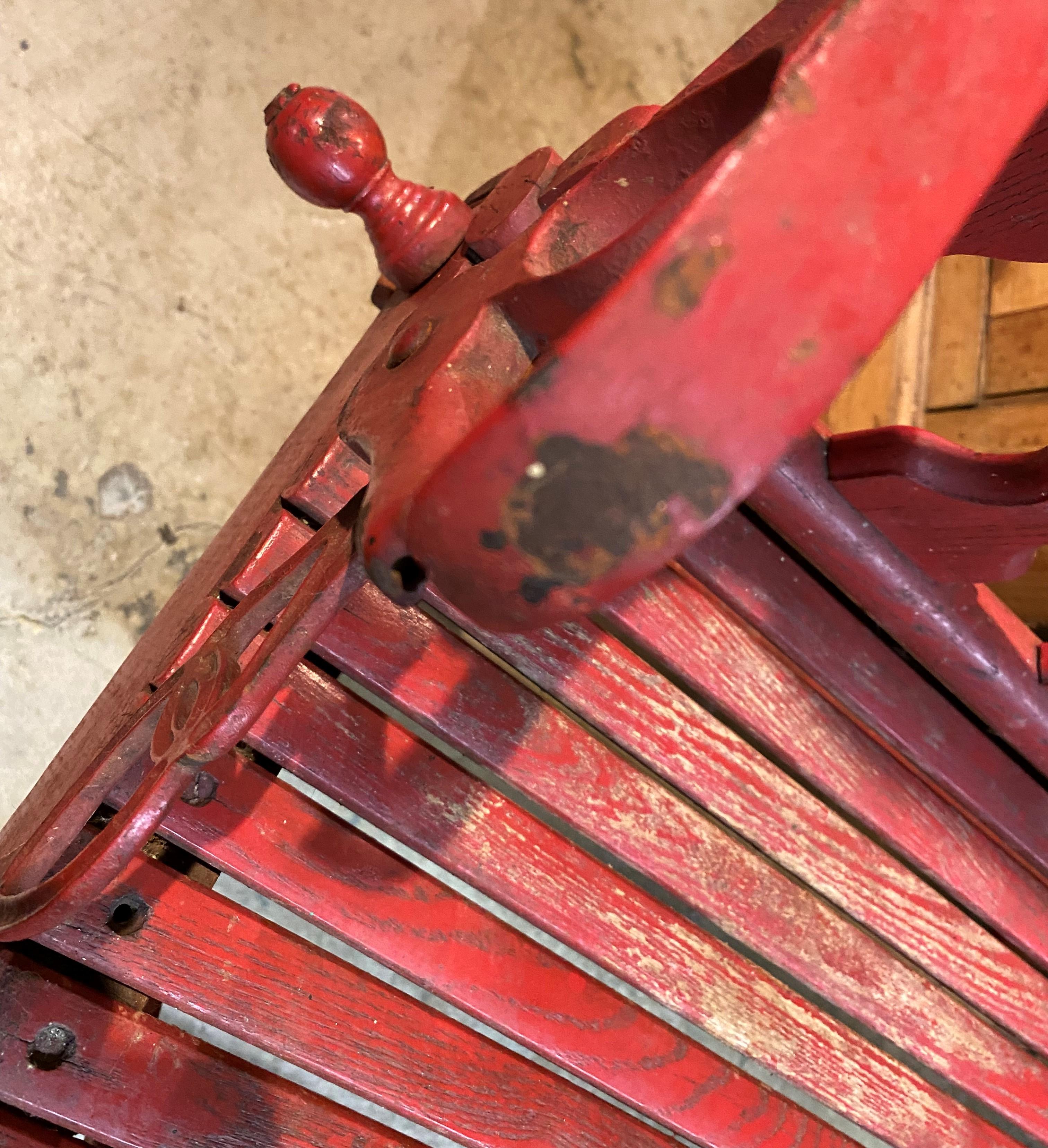 Late 19th Century Red Painted Oak & Cast Iron Folding Gymnasium or Station Bench 12