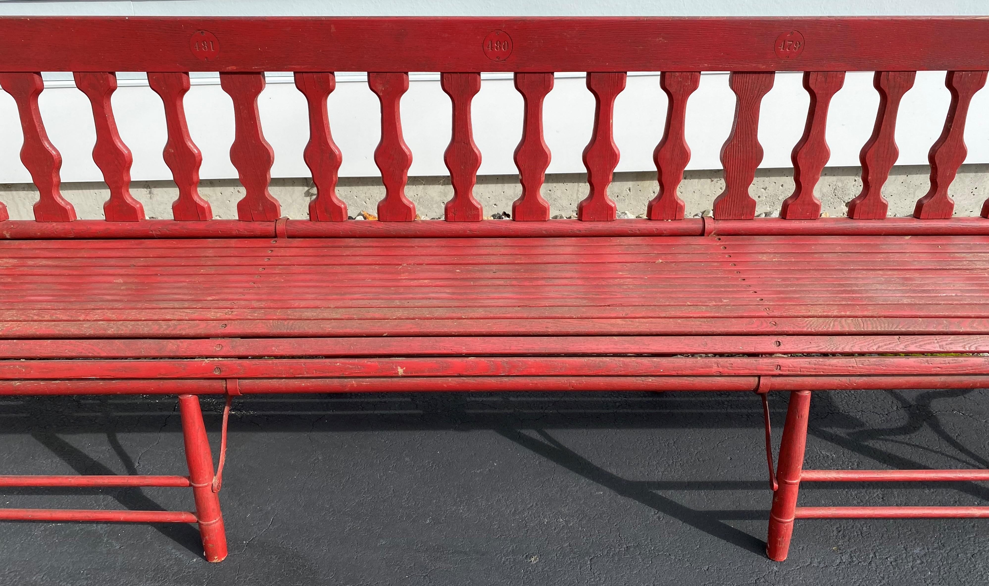 American Late 19th Century Red Painted Oak & Cast Iron Folding Gymnasium or Station Bench