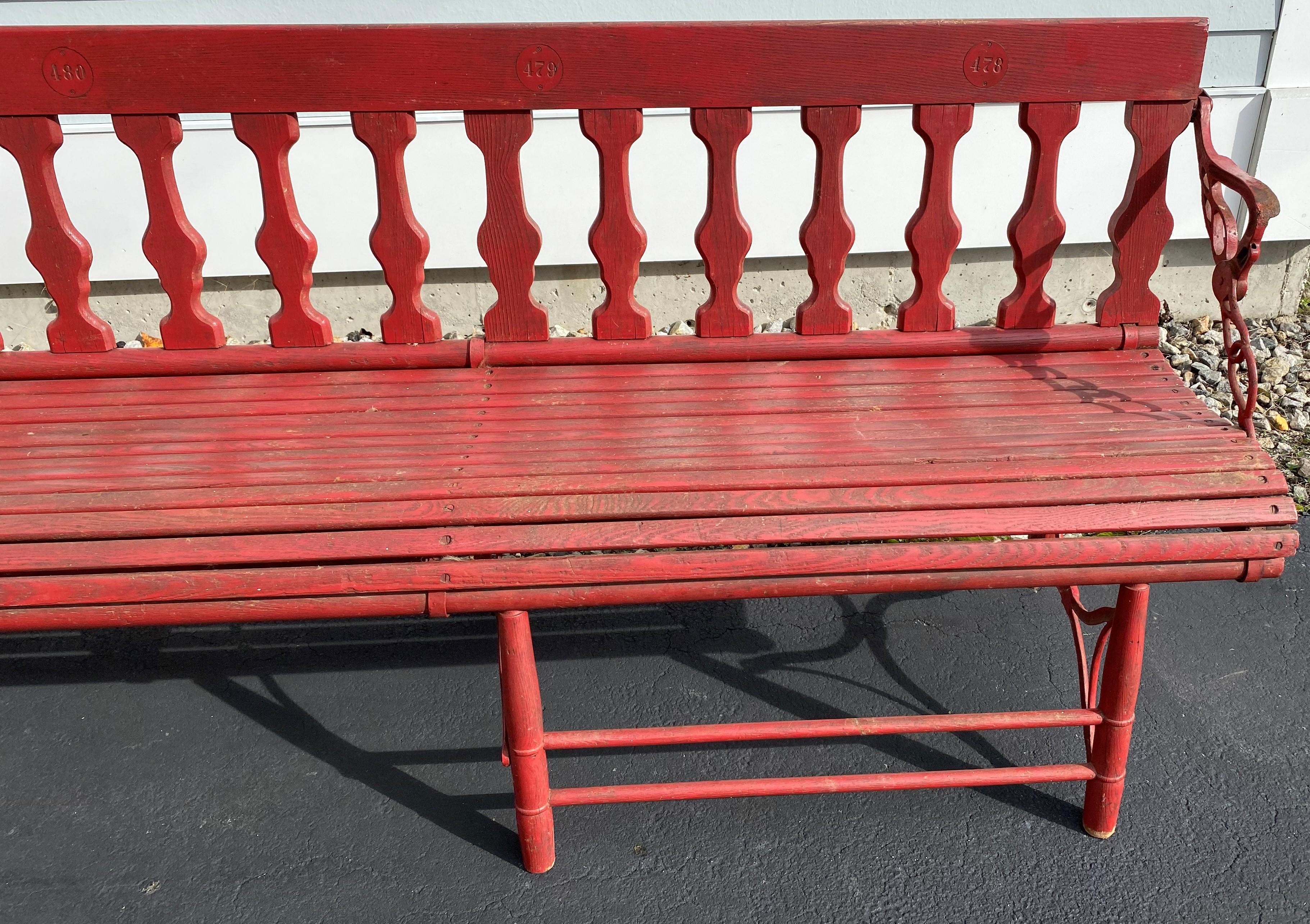 Late 19th Century Red Painted Oak & Cast Iron Folding Gymnasium or Station Bench In Good Condition In Milford, NH