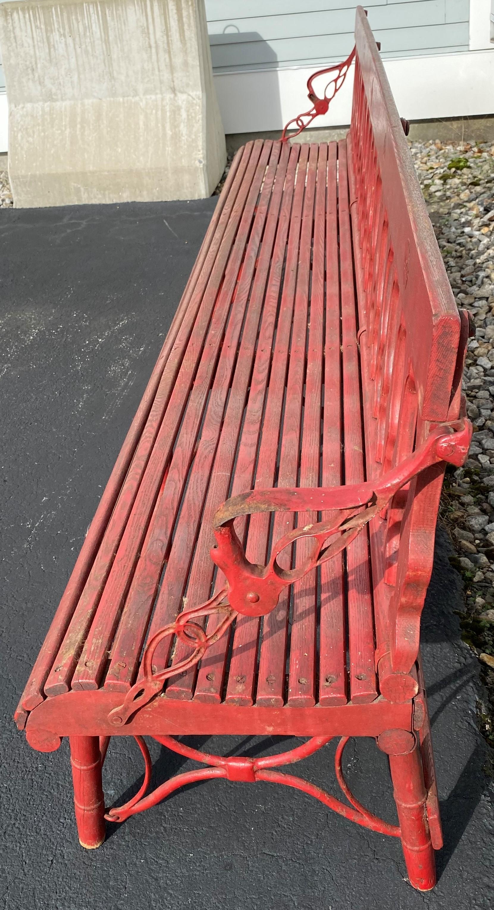 Late 19th Century Red Painted Oak & Cast Iron Folding Gymnasium or Station Bench 1