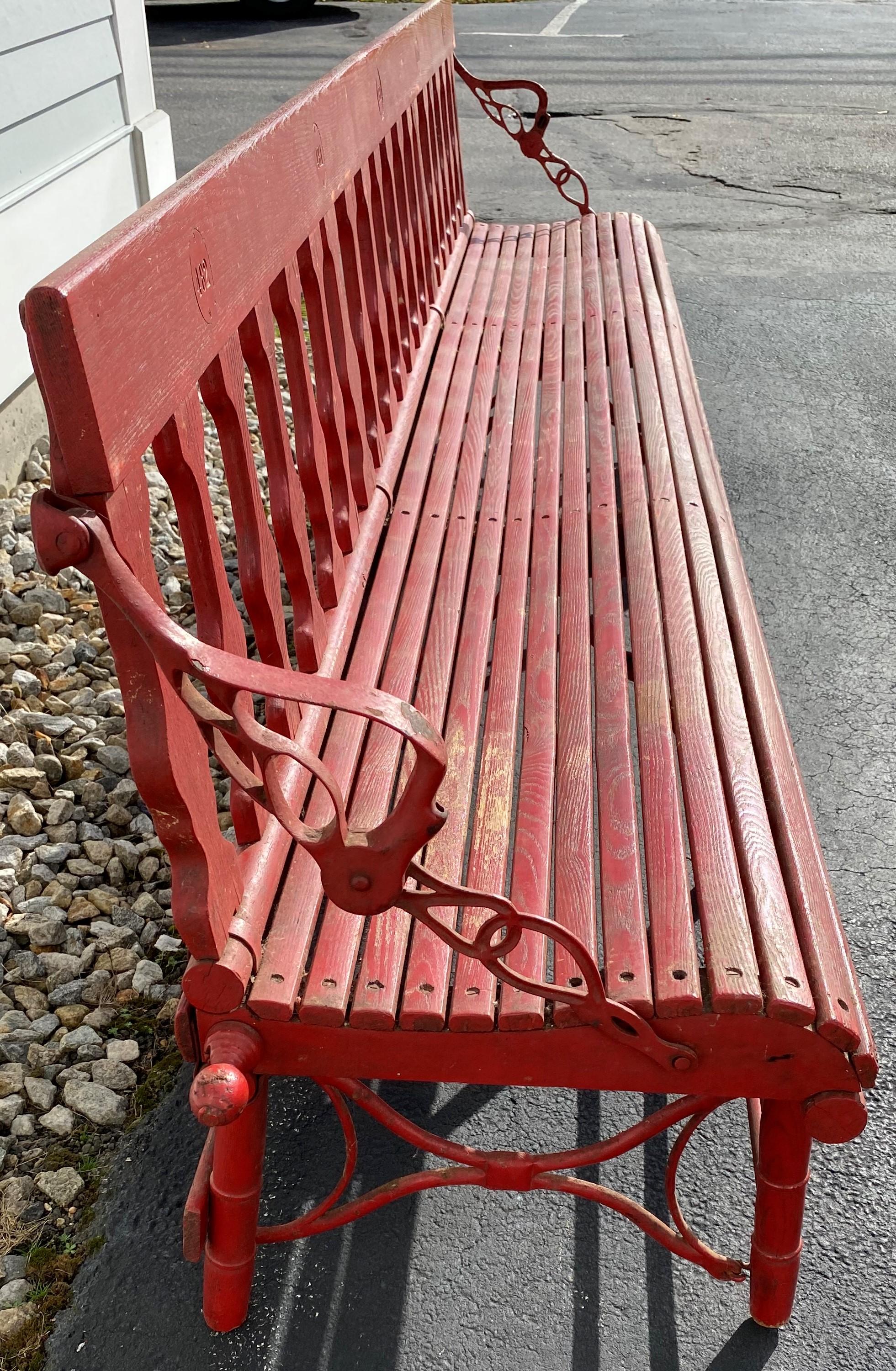 Late 19th Century Red Painted Oak & Cast Iron Folding Gymnasium or Station Bench 2