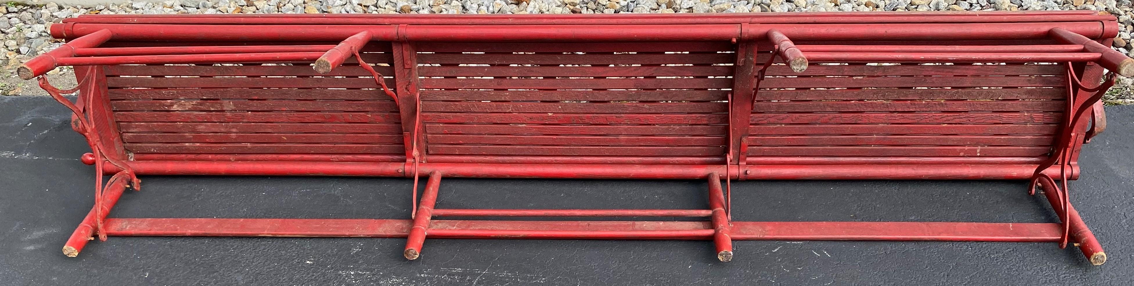 Late 19th Century Red Painted Oak & Cast Iron Folding Gymnasium or Station Bench 5