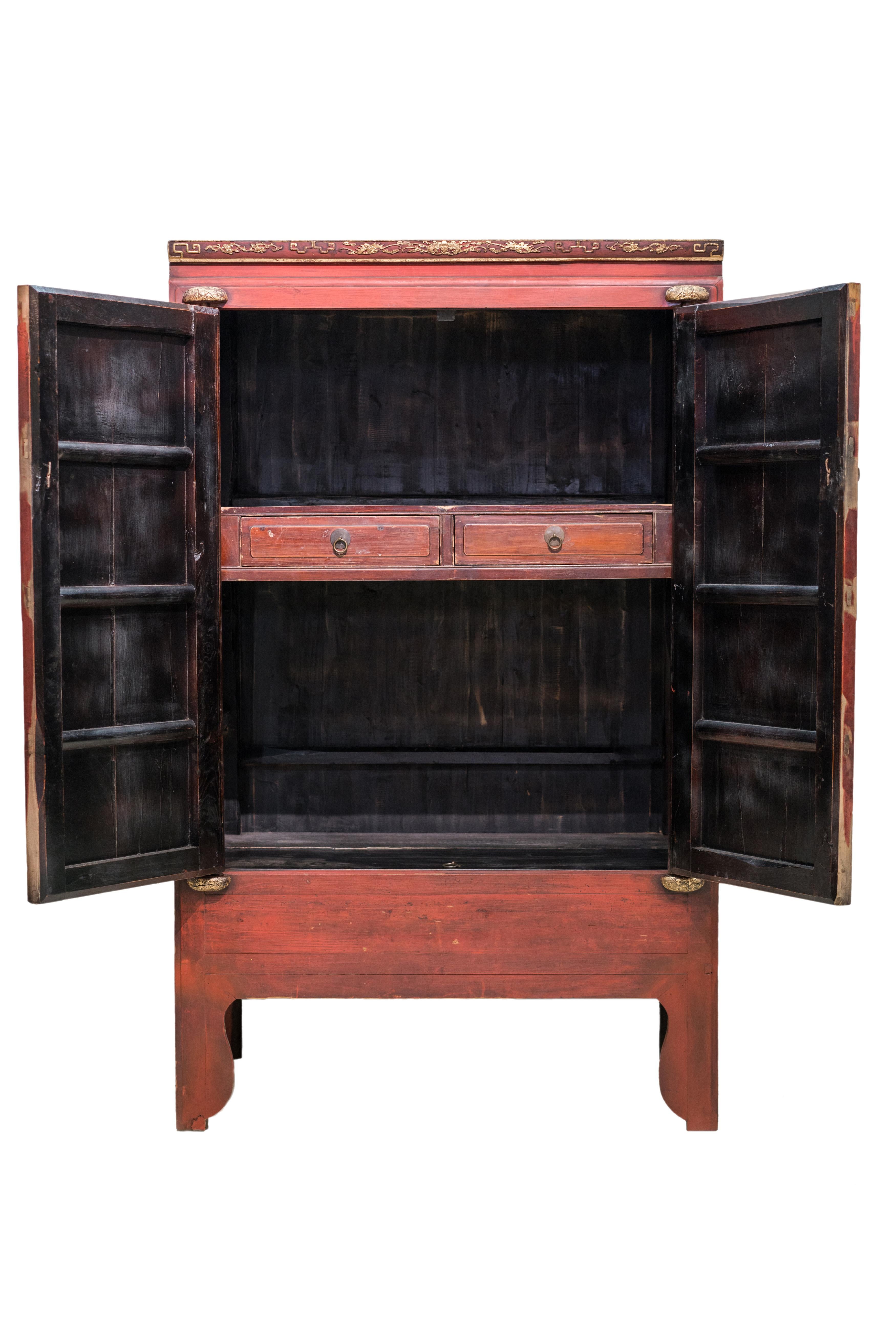 Qing Late 19th Century Red Wedding Cabinet with Carvings