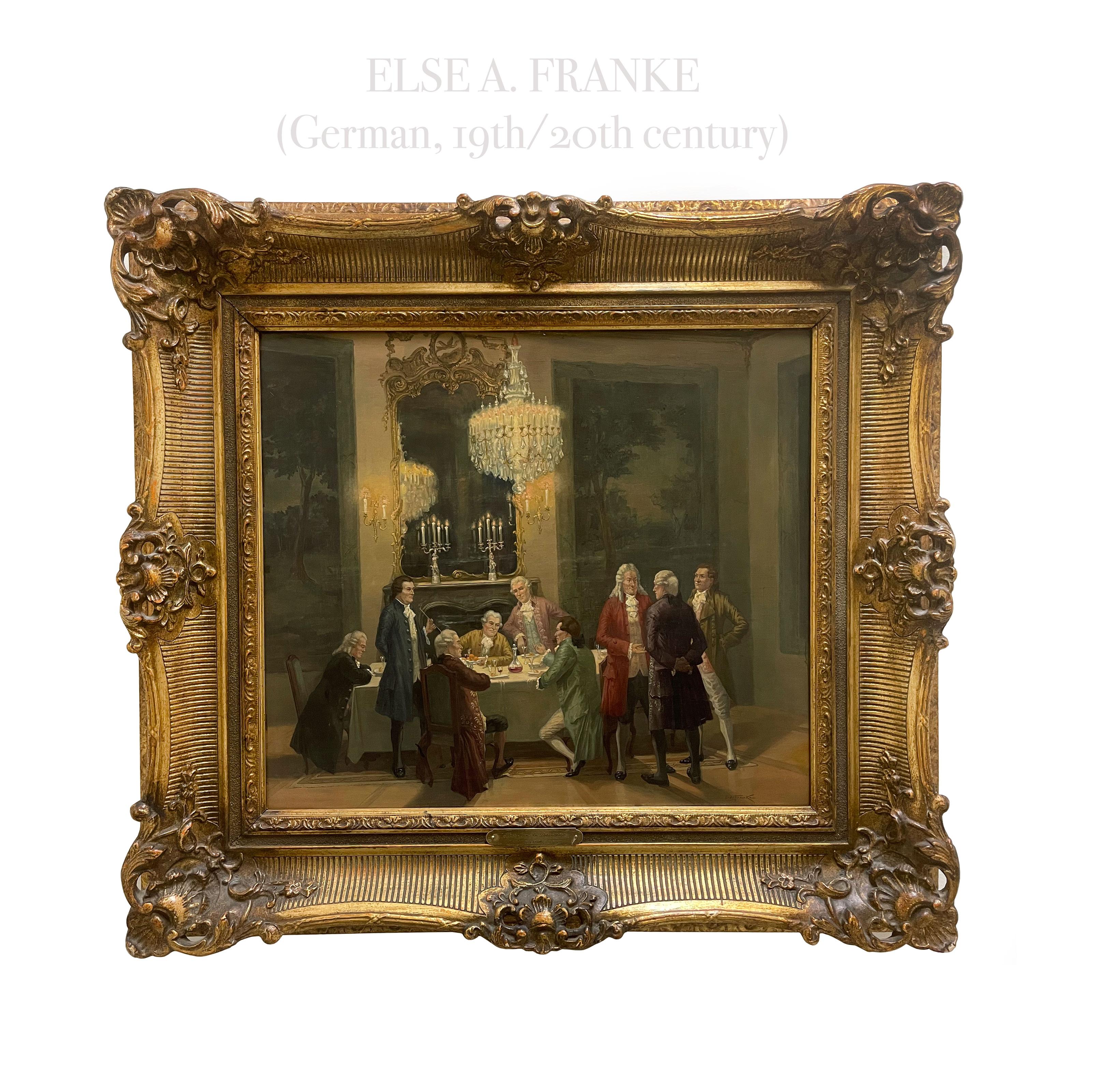 Late 19th century Regency style figurative oil painting by Elsa A. Franke.

Elsa A. Franke (German, 19th century)
Elegant gentlemen engaging in after dinner discussion 
Signed 'E. A. Franke' (lower right)
Oil on panel
Measures: 18 x 20 1/2in