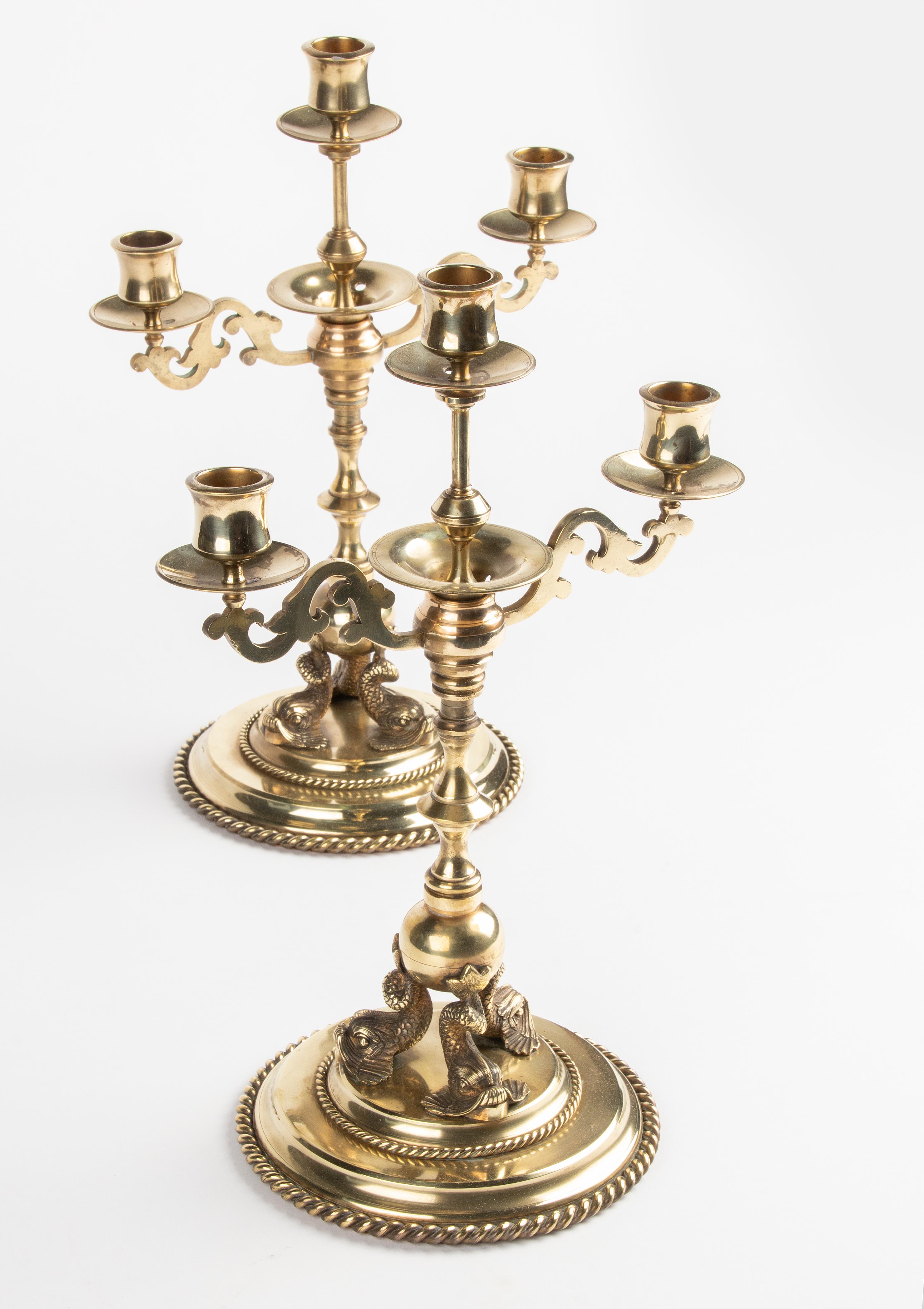 Late 19th Century Renaissance Style Brass Candelabras Dolphins For Sale 6
