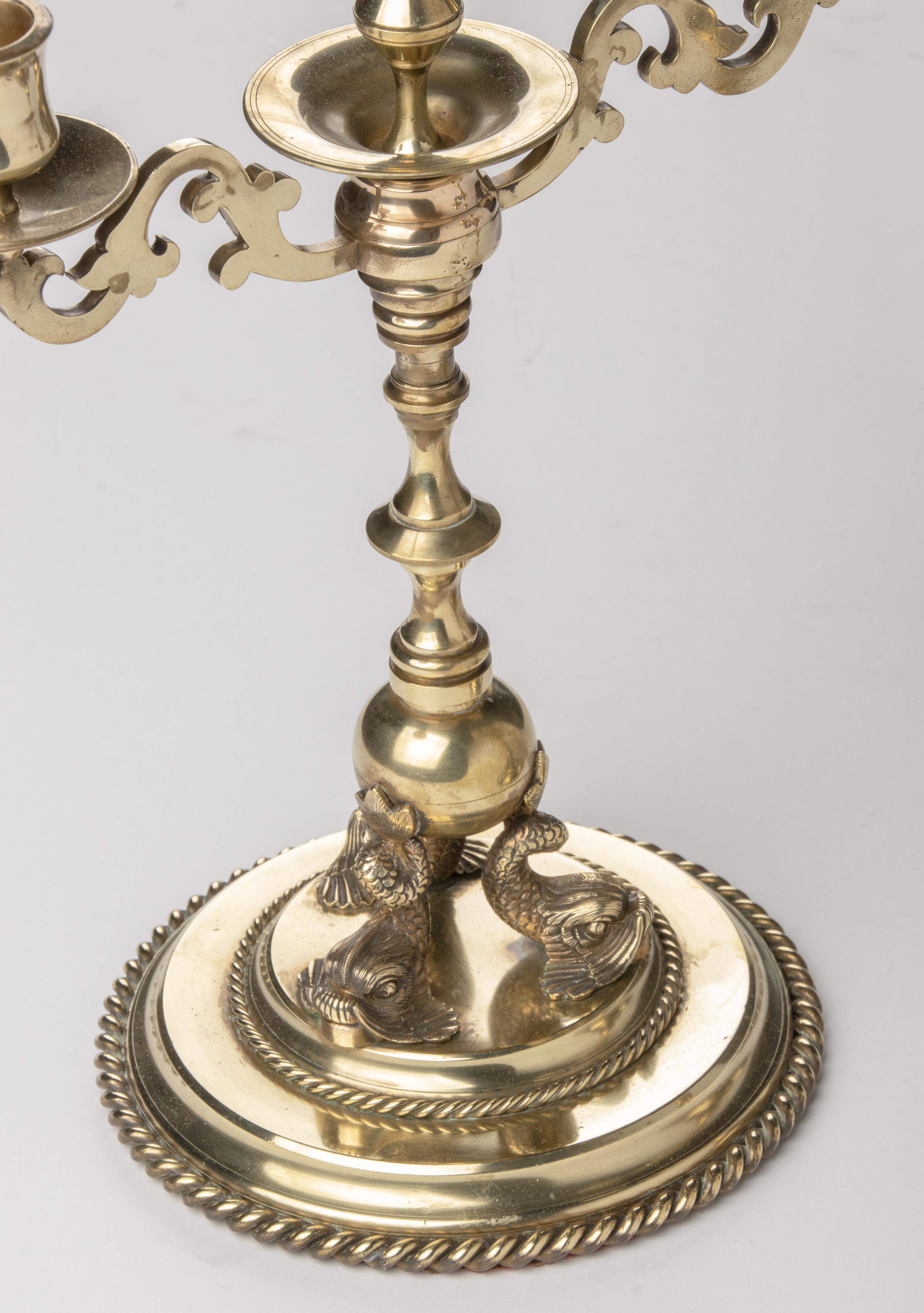 Late 19th Century Renaissance Style Brass Candelabras Dolphins For Sale 7
