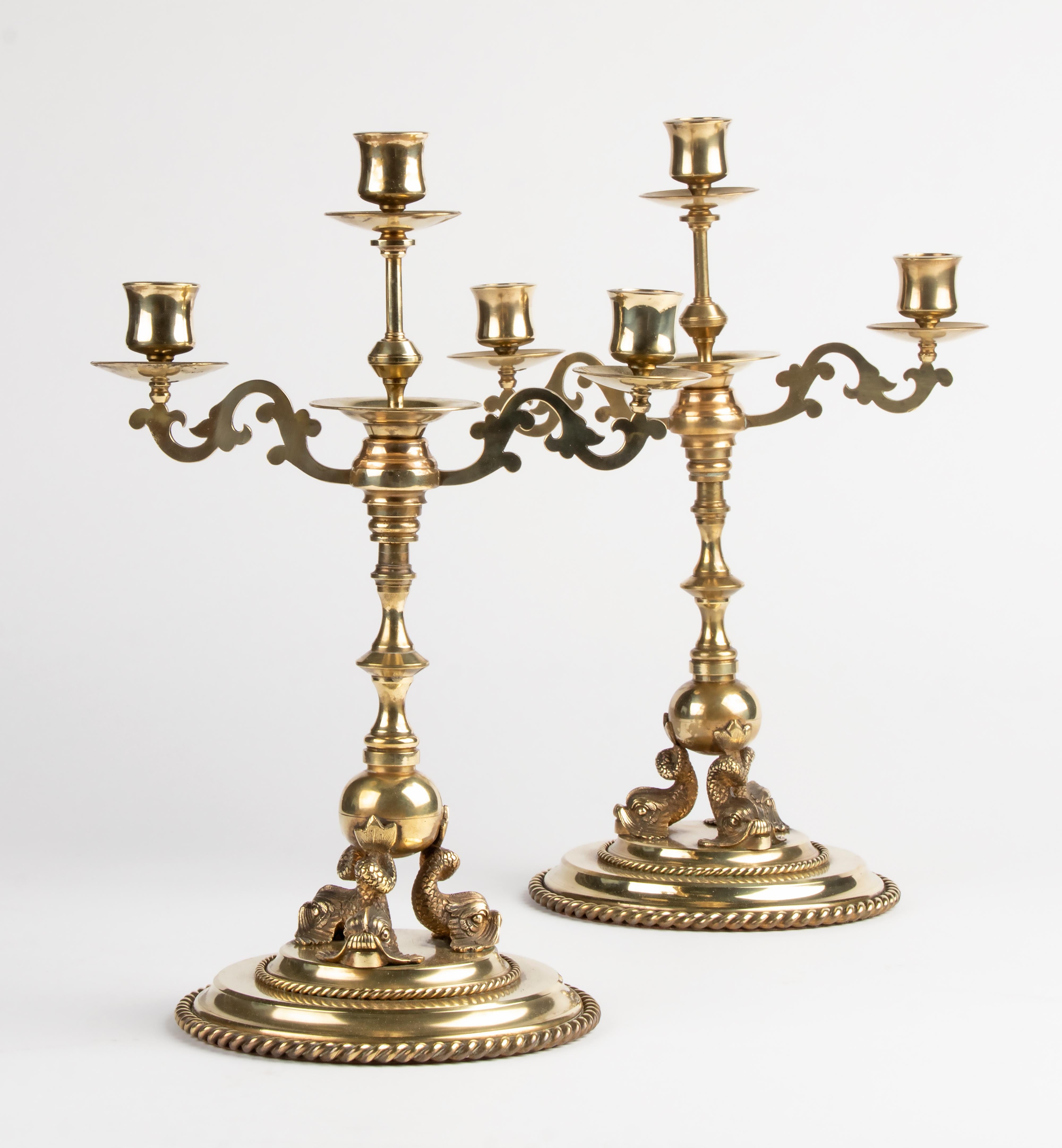 Late 19th Century Renaissance Style Brass Candelabras Dolphins For Sale 8