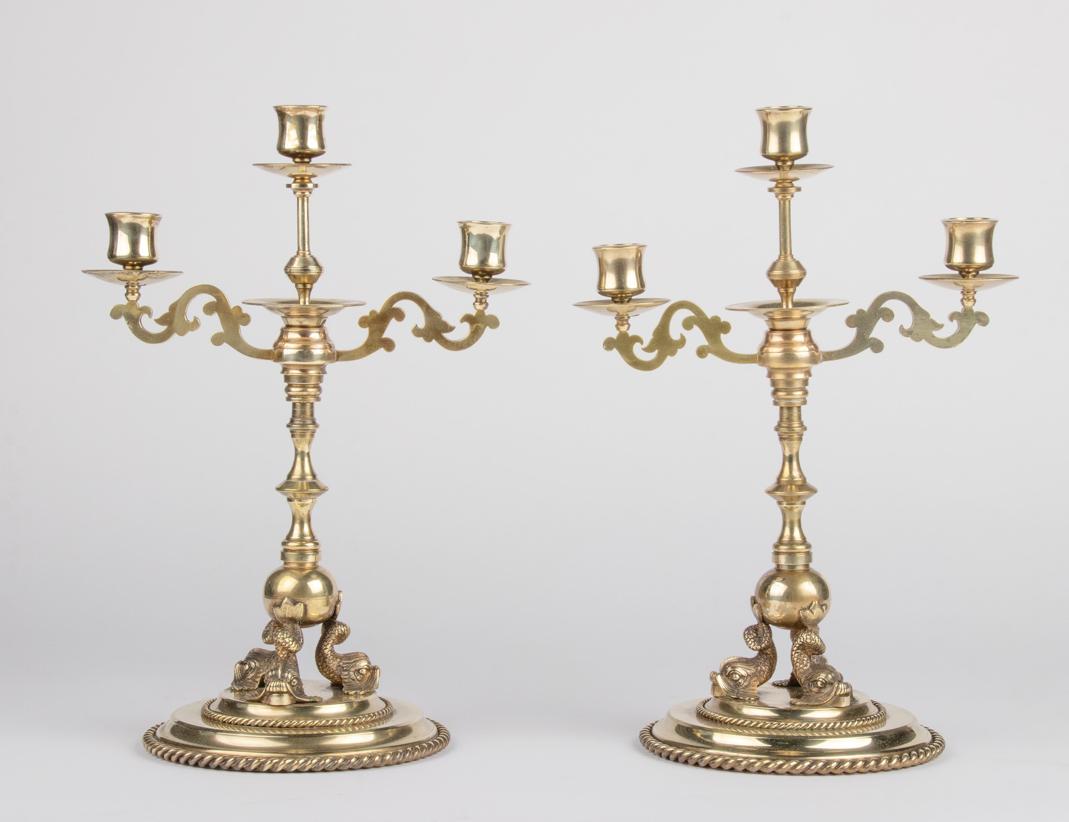 English Late 19th Century Renaissance Style Brass Candelabras Dolphins For Sale