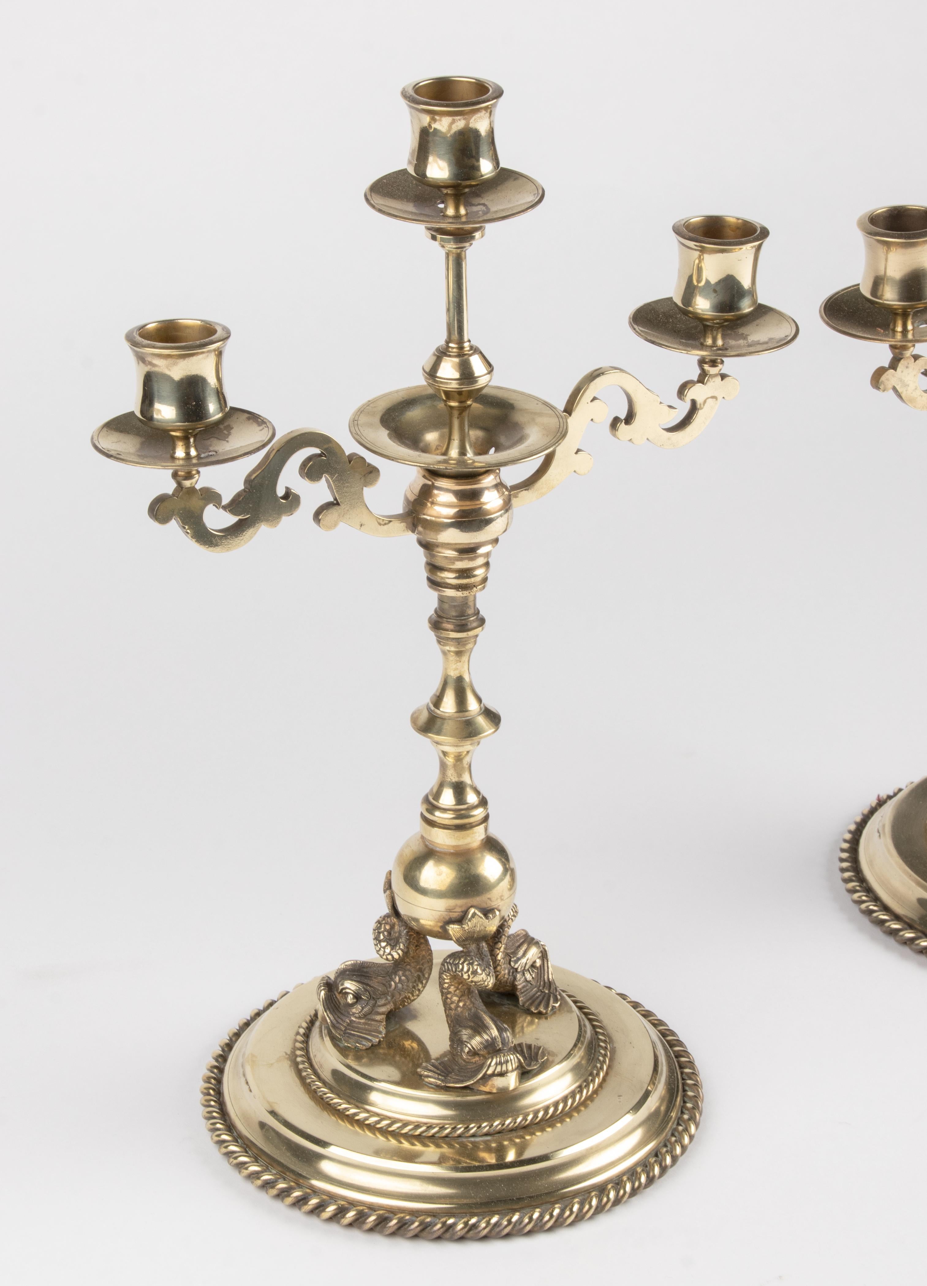 Late 19th Century Renaissance Style Brass Candelabras Dolphins In Good Condition For Sale In Casteren, Noord-Brabant