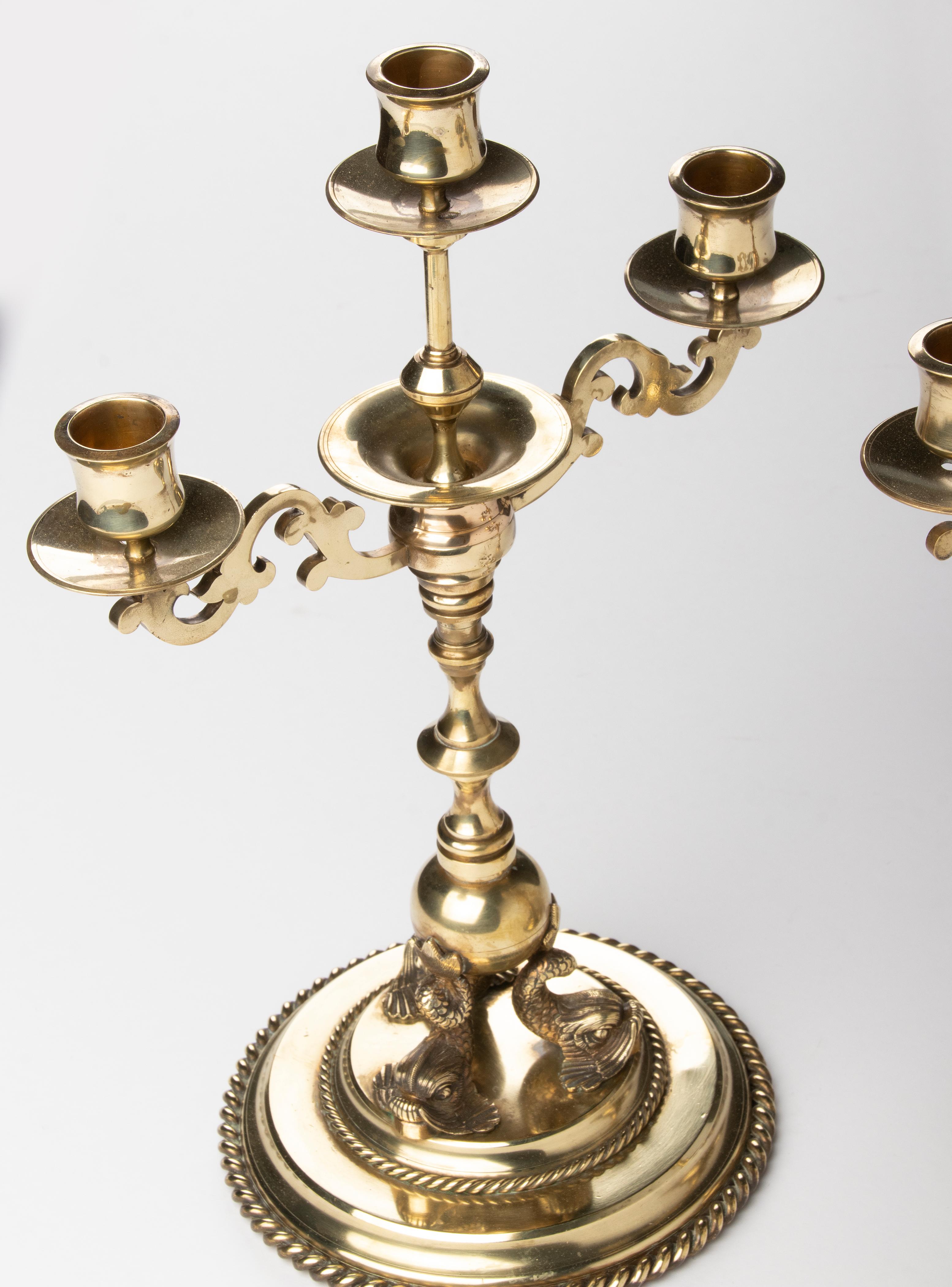 Late 19th Century Renaissance Style Brass Candelabras Dolphins For Sale 4