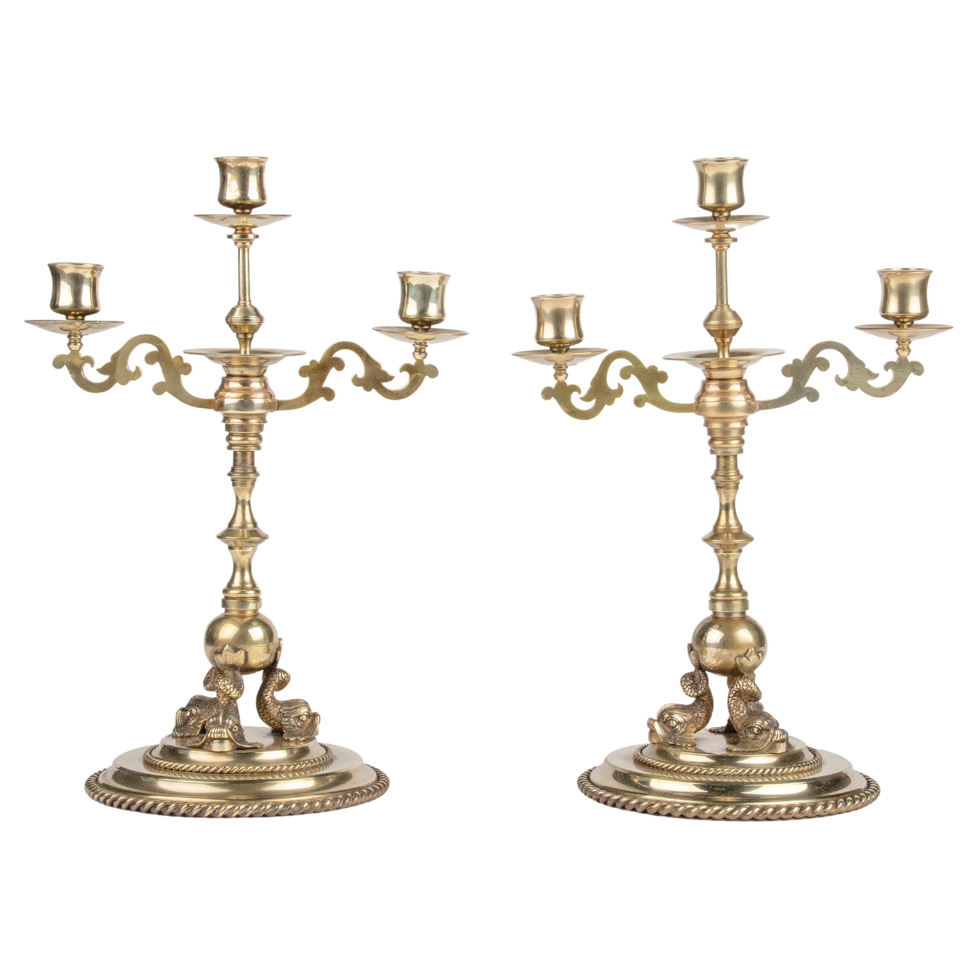 Late 19th Century Renaissance Style Brass Candelabras Dolphins