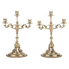 Antique Late 19th Century Renaissance Style Brass Candelabras Dolphins