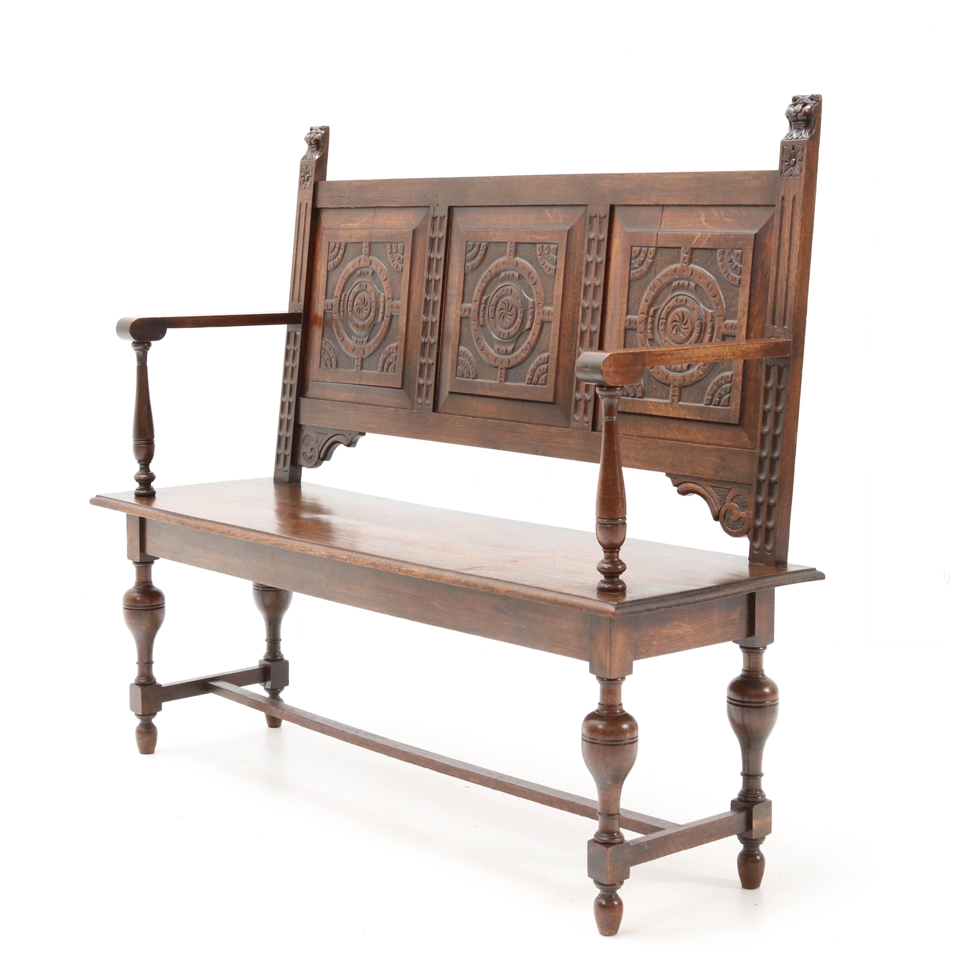 Late 19th Century Renaissance Style Carved Oak Hall Bench 2