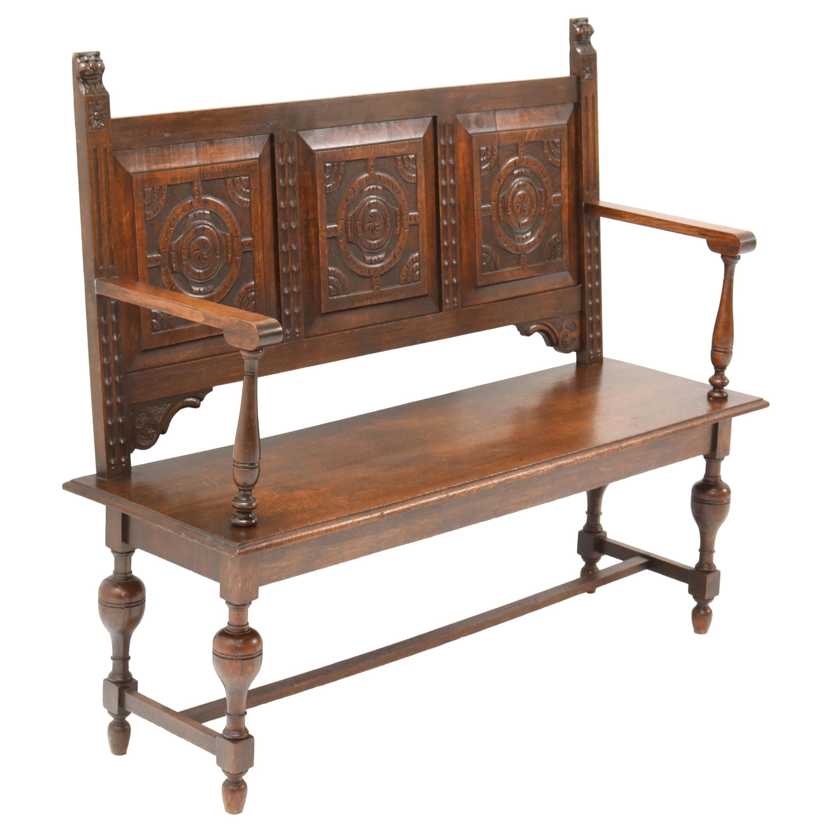 Late 19th Century Renaissance Style Carved Oak Hall Bench