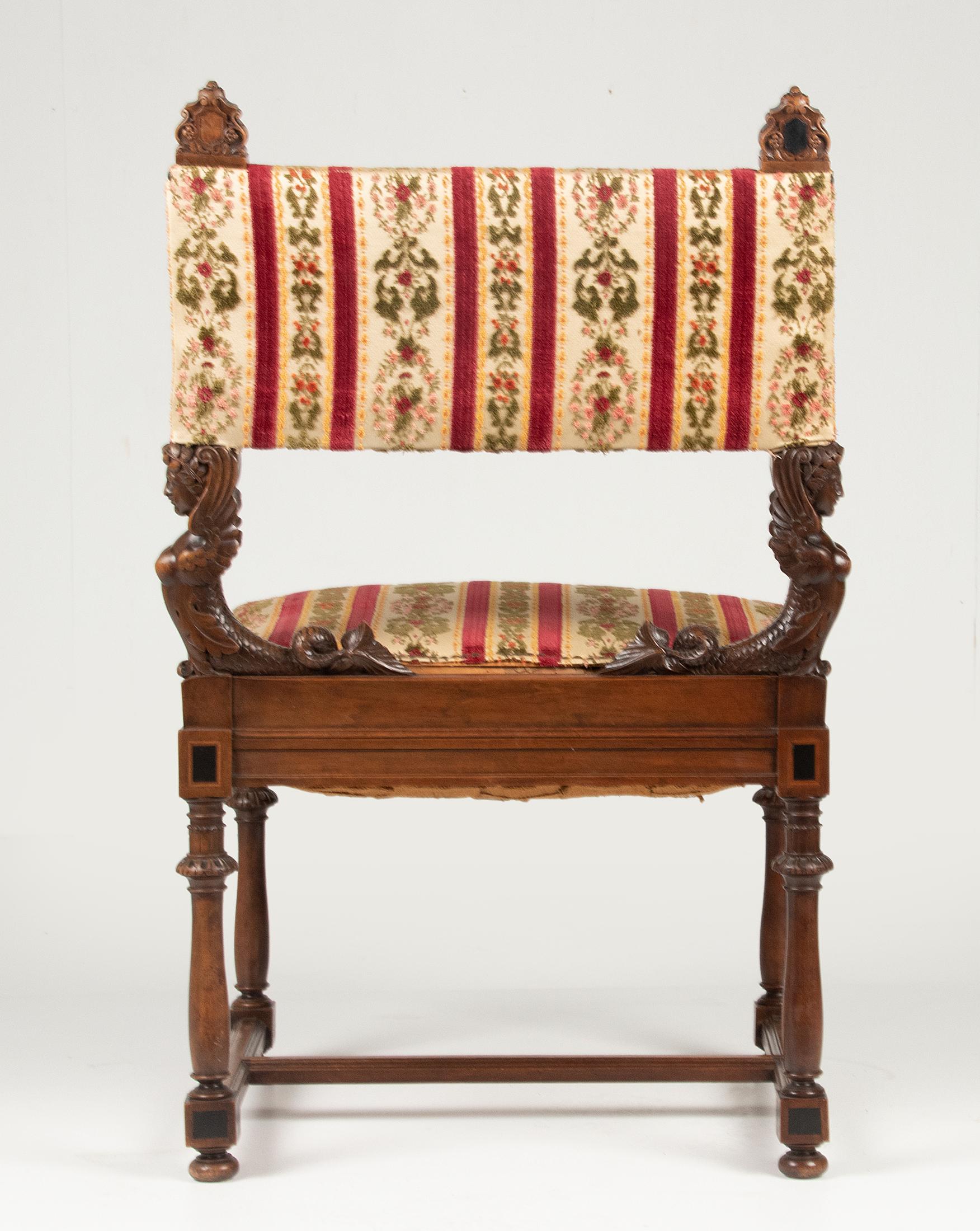 Late 19th Century Renaissance Walnut Chair with Mermaids For Sale 12