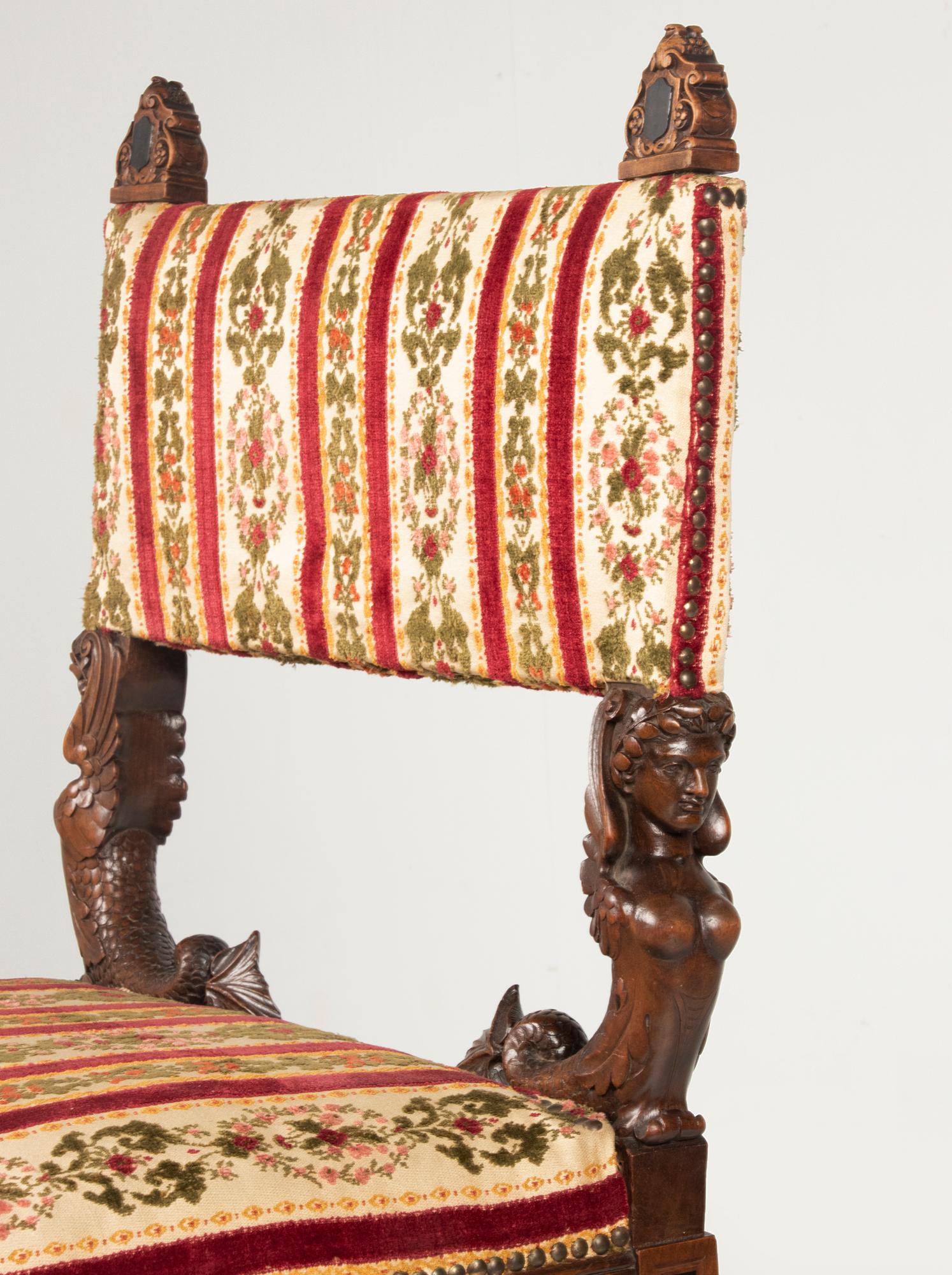 Hand-Carved Late 19th Century Renaissance Walnut Chair with Mermaids For Sale