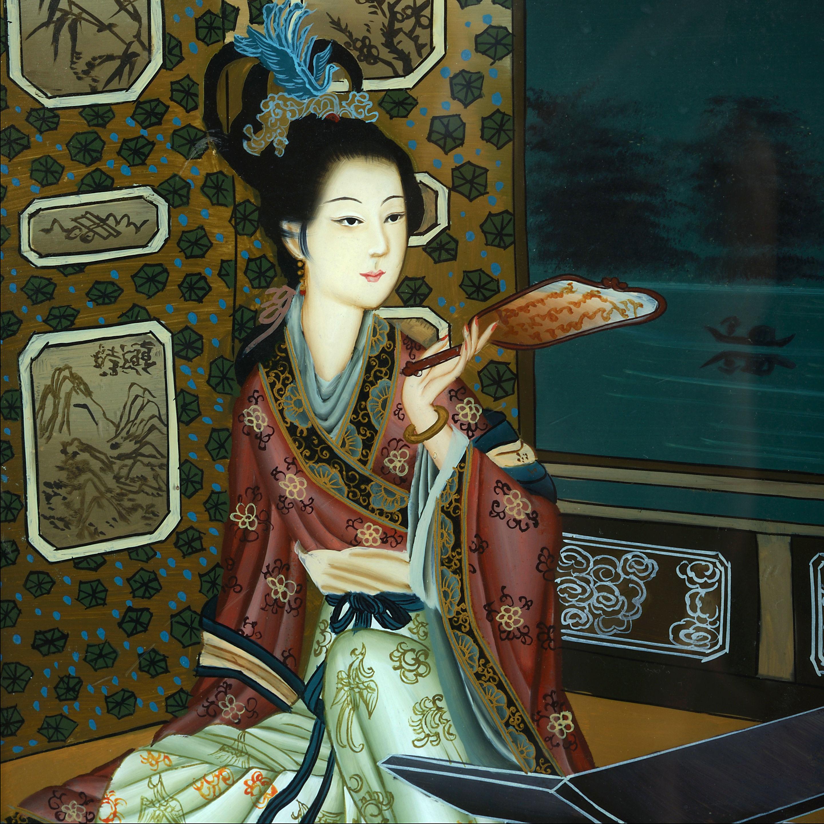 A charming late 19th century Chinese export reverse glass portrait, depicting a noblewoman within a room setting, before a screen by a table, contemplatively seated with her fan in front of an open window. 

Held within a period ebonized frame.