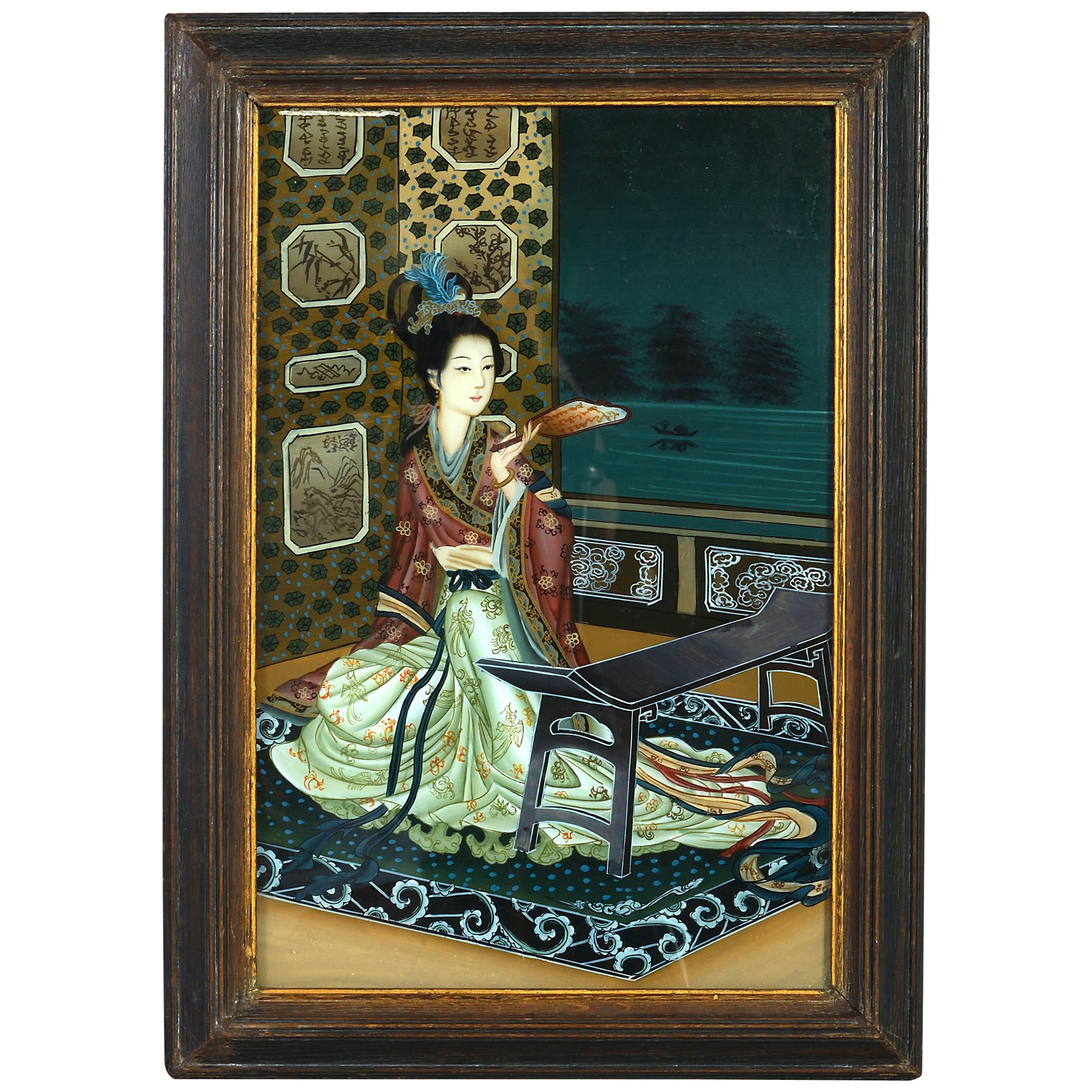 Late 19th Century Reverse Glass Painting Portrait of a Chinese Lady