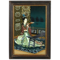 Antique Late 19th Century Reverse Glass Painting Portrait of a Chinese Lady