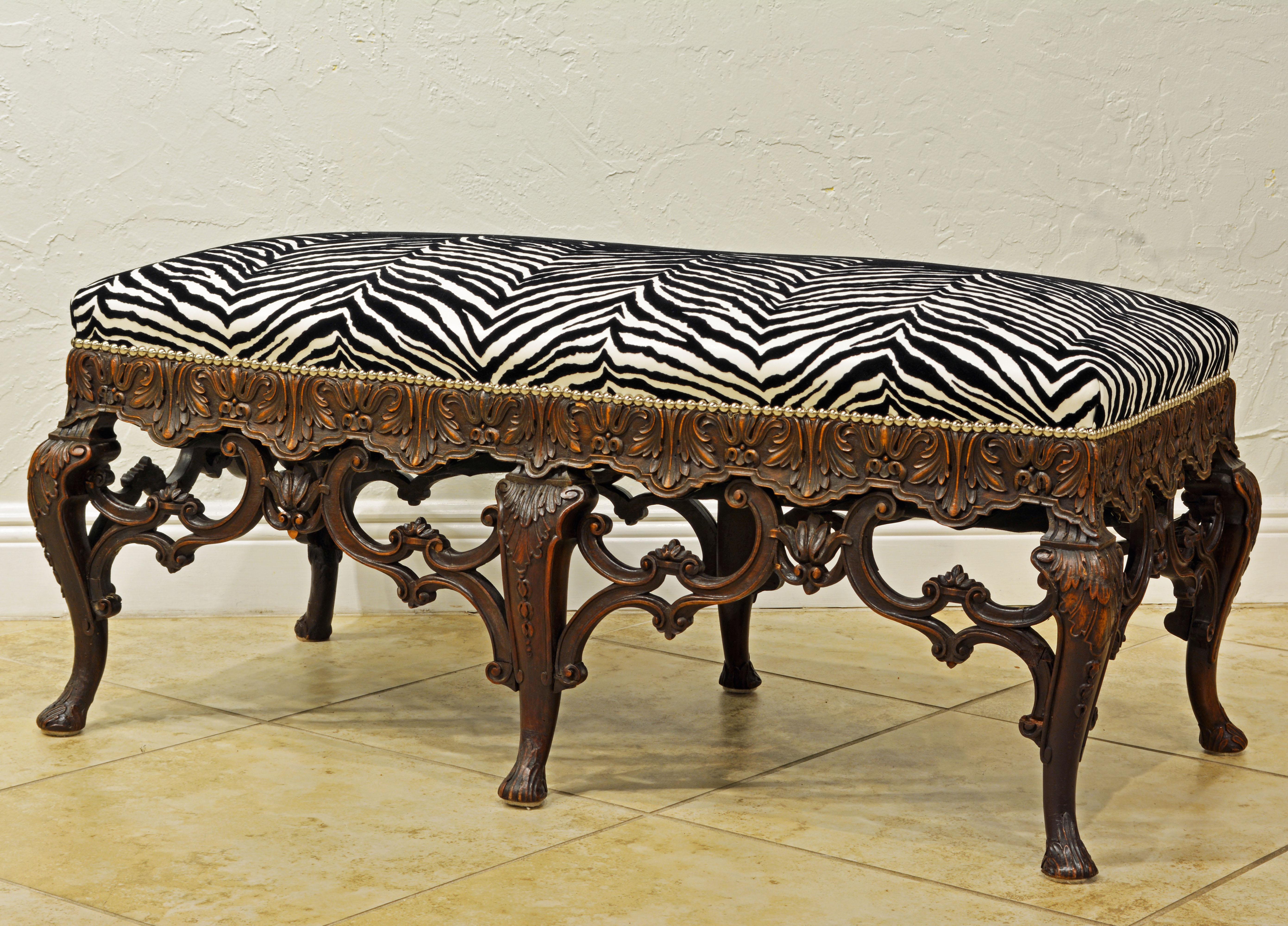 French Late 19th Century Richly Carved Louis XV Style Bench with Zebra Print Cover